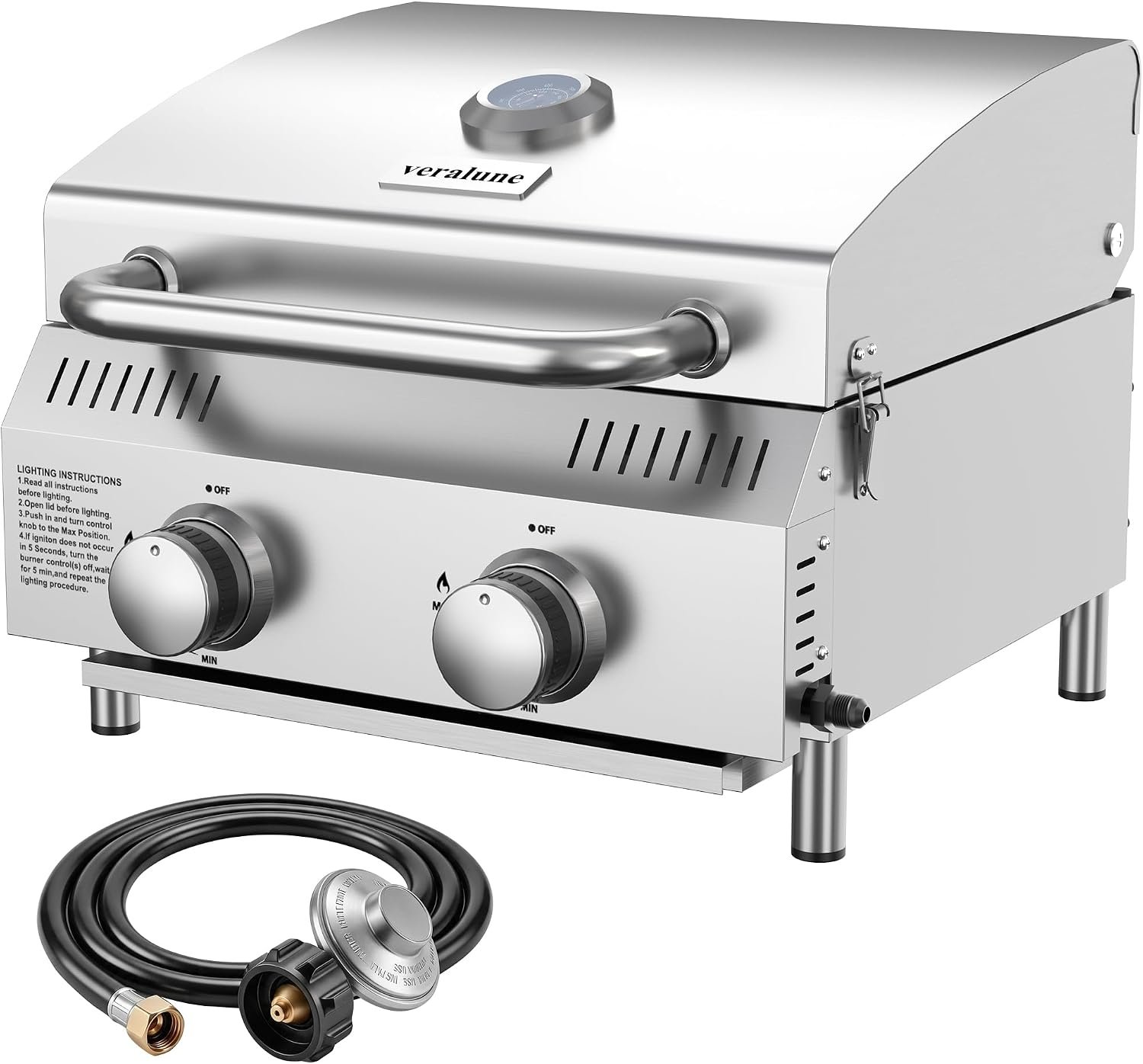 Veralune 2-Burner Tabletop Gas Grill, 22000 BTU Stainless Steel Grill | Outdoor Gas Grill with New Upgrade Heavy Duty Rack, Built-in Thermometer, Travel Locks for Tailgating, Camping, RV Trips