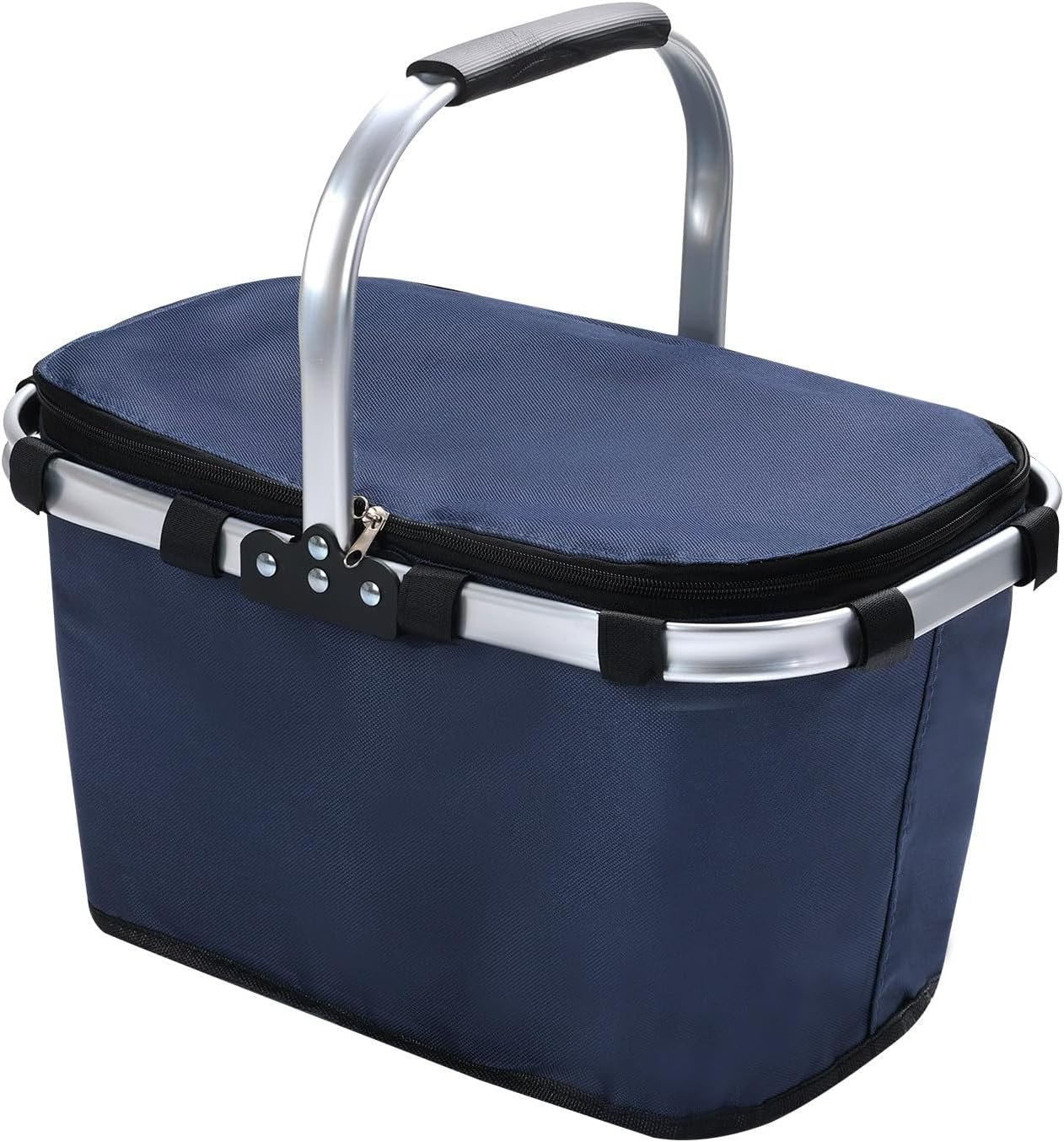 Picnic Basket with Handle,30L Large Foldable Insulated Cooler Picnic Basket,Grocery Shopping Basket for Travel Camping Market Bag,Navy Blue