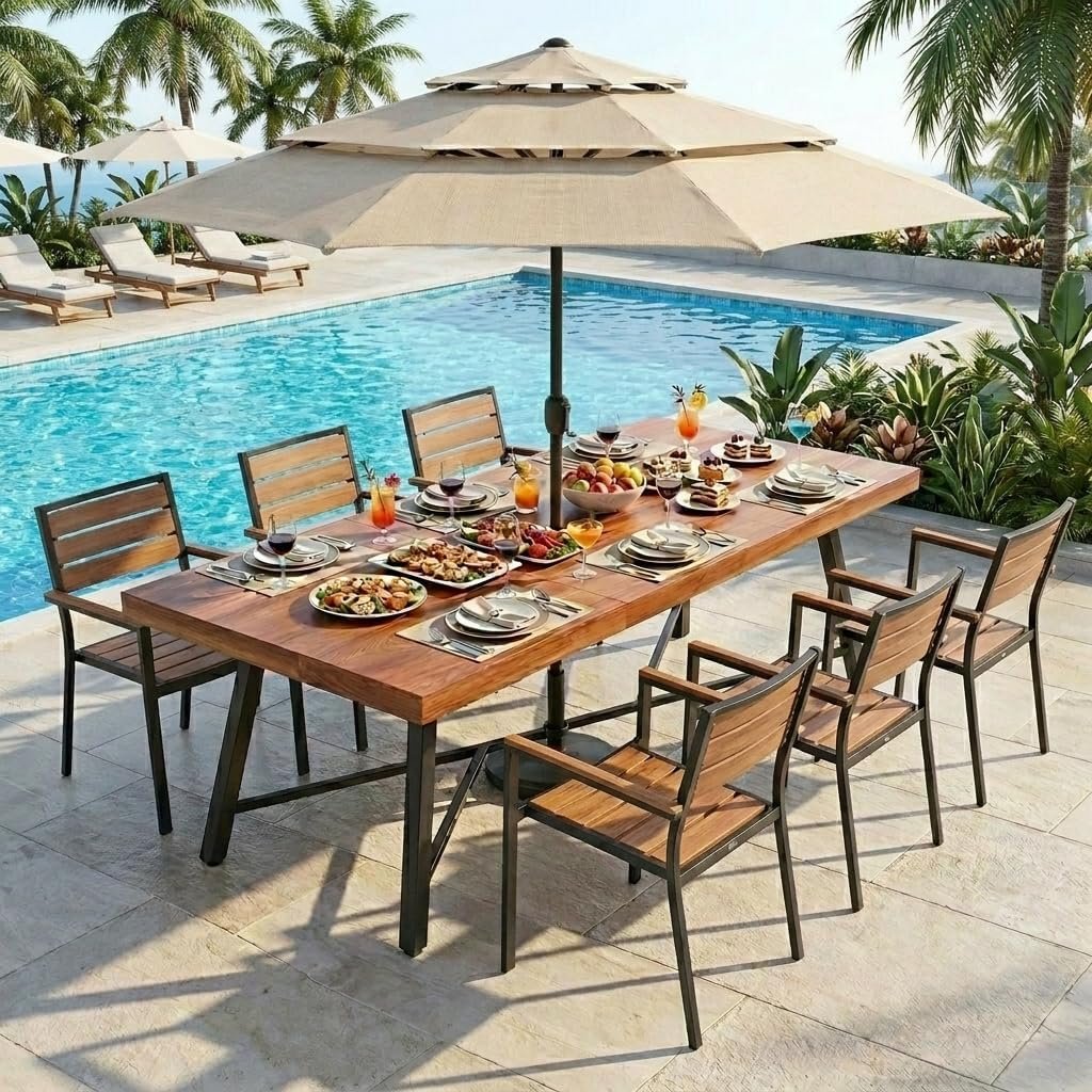 YITAHOME Acacia Wood Dining Table 68.9″ | Heavy Duty Rectangle Dinner Table with Metal Legs, Rustic Solid Wood Outdoor Table for 6-8 People, 500 LBS