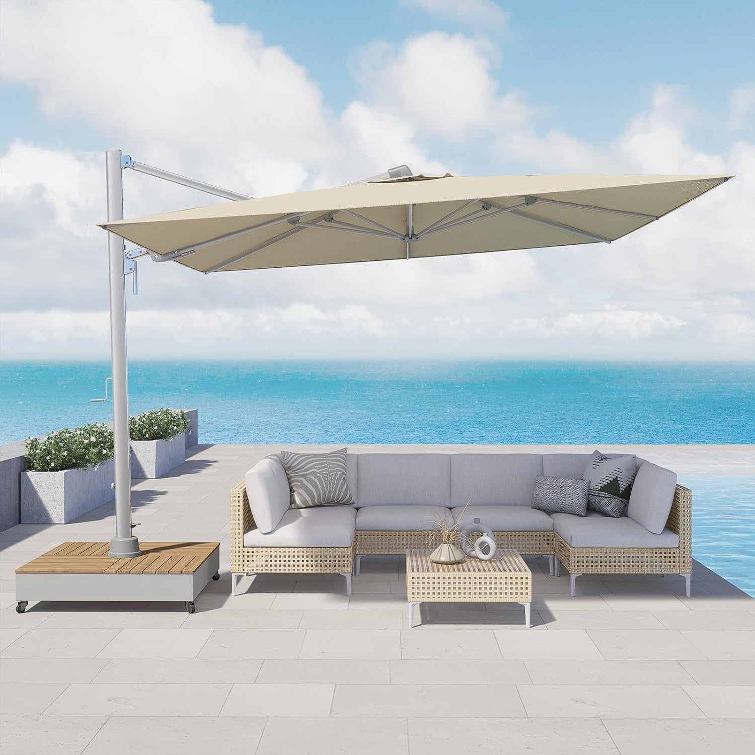 Grand patio 10×13 FT Patio Umbrella with Base, Acrylic Outdoor Cantilever Aluminum Umbrella, 5-Year-Non-Fading Rectangular Offset Umbrella with Cover for Poolside, Deck, Backyard, Gray Pole