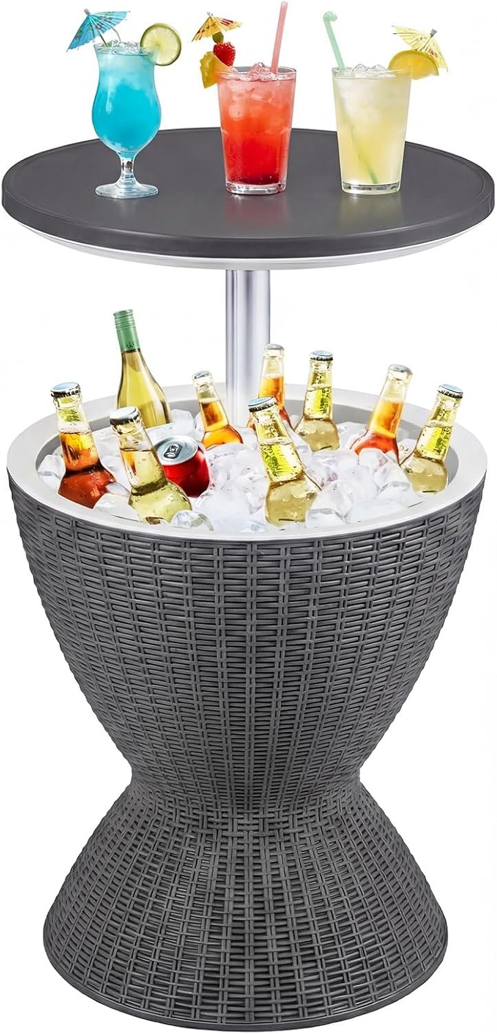 Tangkula Outdoor Cooler Table, Multi-Functional Cooler Bar Table, Adjustable Height Ice Cooler Side Table w/Drain Plug, 8 Gallon Beer & Wine Cooler, Rattan Style Patio Furniture for Pool Parties | Adjustable Height Ice Cooler Side Table w/Drain Plug, Beer & Wine Cooler, Rattan Style Patio Furniture for Pool Parties