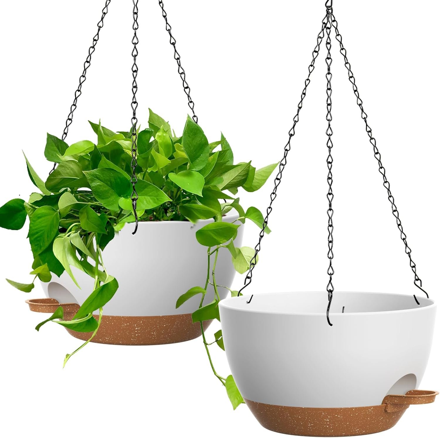 UOUZ 13 Inch 2 Pack Large Self Watering Hanging Planters for Indoor Outdoor Plants, Hanging Plant Pots with Removable 50 Oz Reservoir, Plastic Hanging Basket for Window Porch Garden, White with Brown