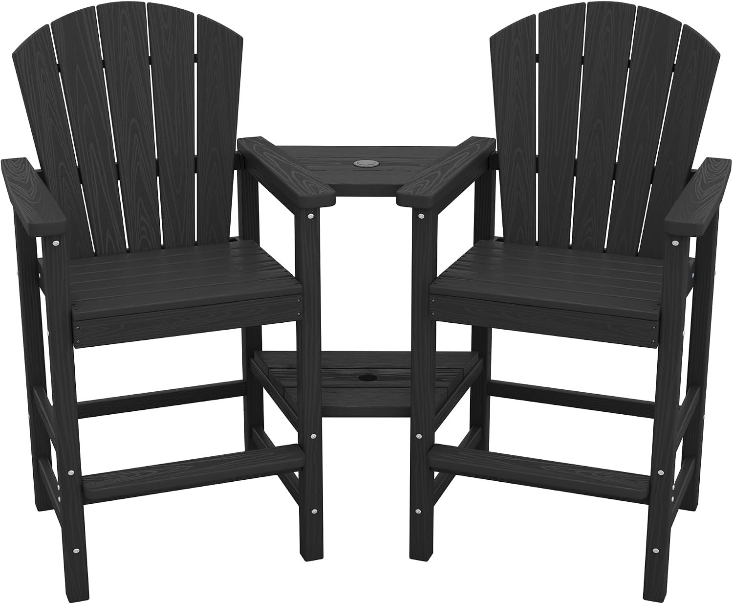 SERWALL Tall Adirondack Chairs Set of 2, HDPE Bar Height Outdoor Chairs | with Double Layer Connecting Trays for Balcony, Porch, Black
