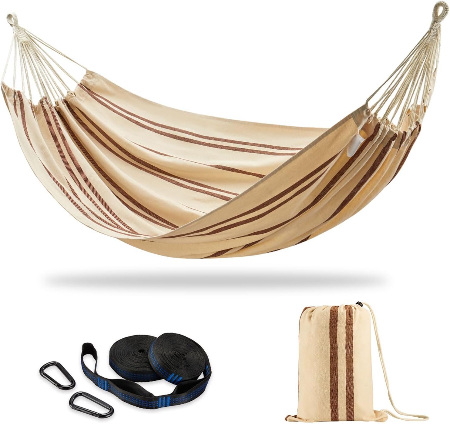 CHULIM Brazilian Double Hammock with Tree Straps,Extra Large 94x63IN,2 Persons Hammock for Backyard Patio Outdoor and Indoor,450lbs Weight Capacity,Soft Woven Cotton Fabric – Beige Brown Stripe