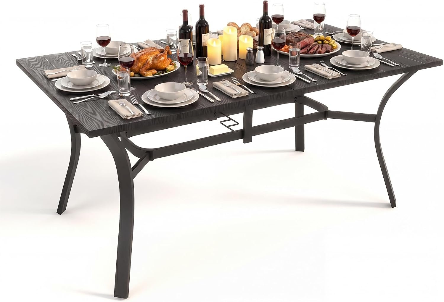 Patio Outdoor Dining Table, Wood-Grain Patio Table with Umbrella Hole, All-Weather Metal Dining Table for Party, Lawn & Garden (63“ x 37.8”) Black
