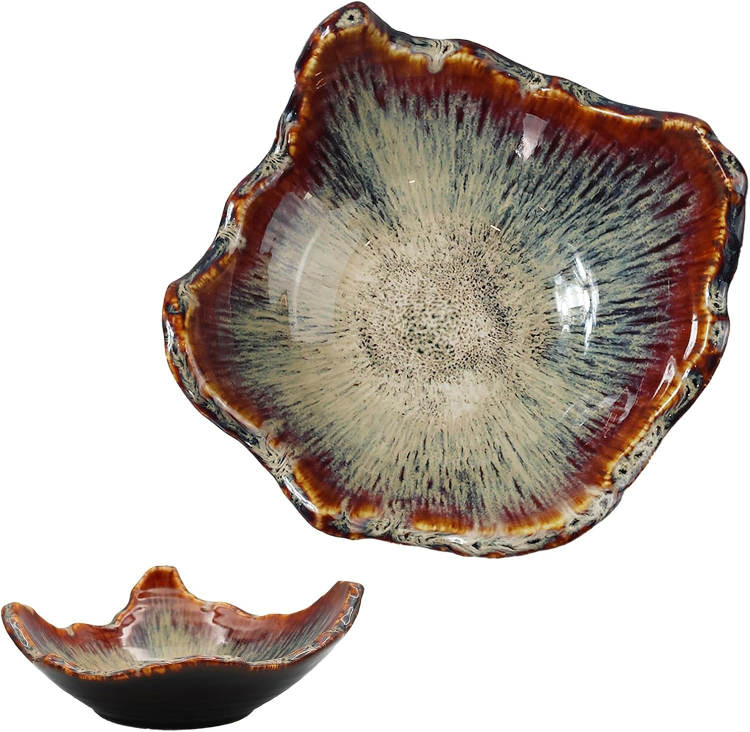 8″ Ceramic Decorative Bowl，Irregular Rim Reactive Glaze Key Bowl For Entryway Table，Handcrafted Purse Catch All Bowls，Japanese Style Fruit Bowls For Tabletop or Home Decor