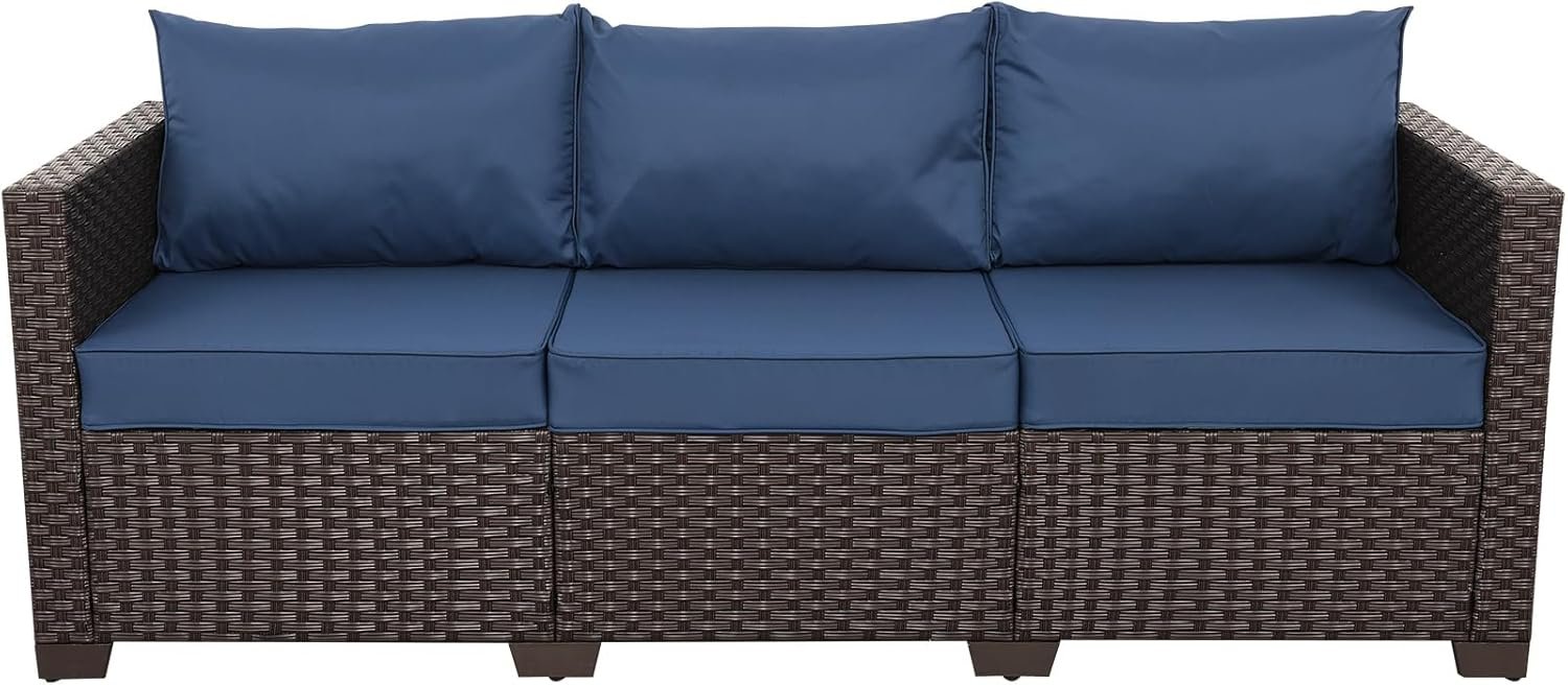 Rattaner 3-Seat Patio Wicker Sofa, Outdoor Rattan Couch Furniture Steel Frame with Furniture Cover and Deep Seat High Back, Blue Anti-Slip Cushion.