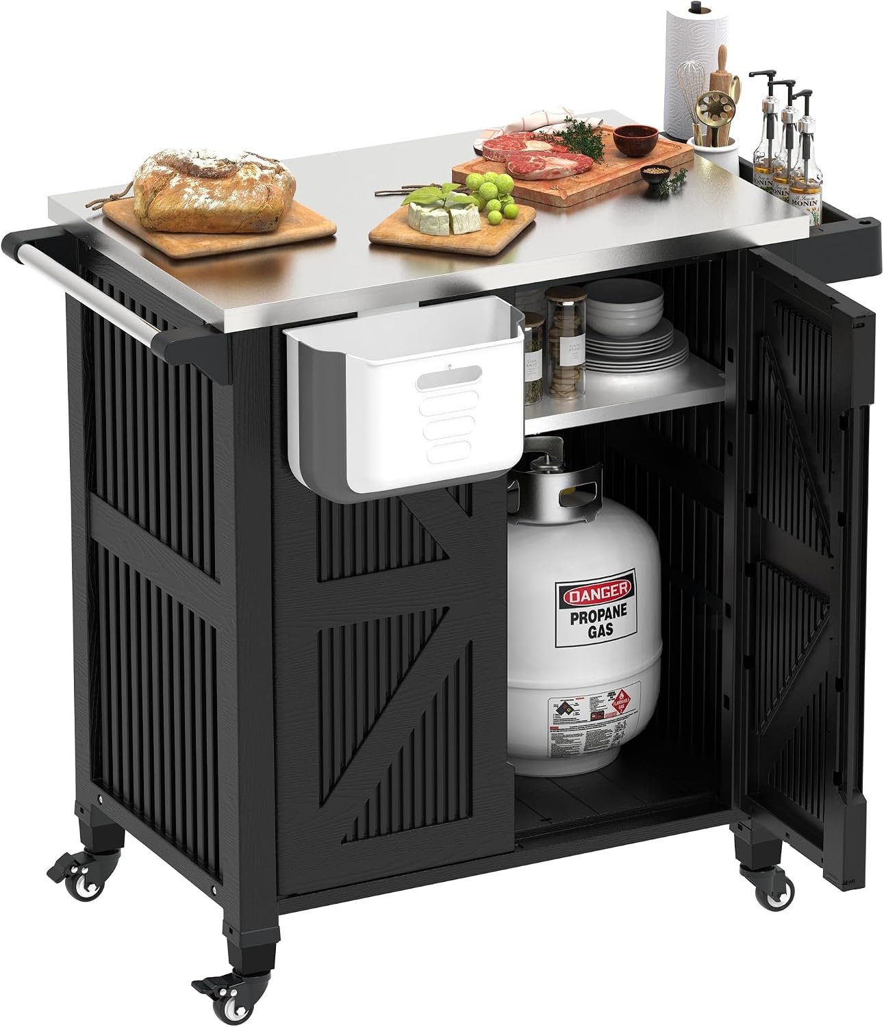 Outdoor Grill Cart with Storage Cabinet, Movable Kitchen Island with Stainless Steel Countertop, 4 Swivel Wheels, Plastic Rolling BBQ Food Prep Table Cart for Patio, Poolside, Black