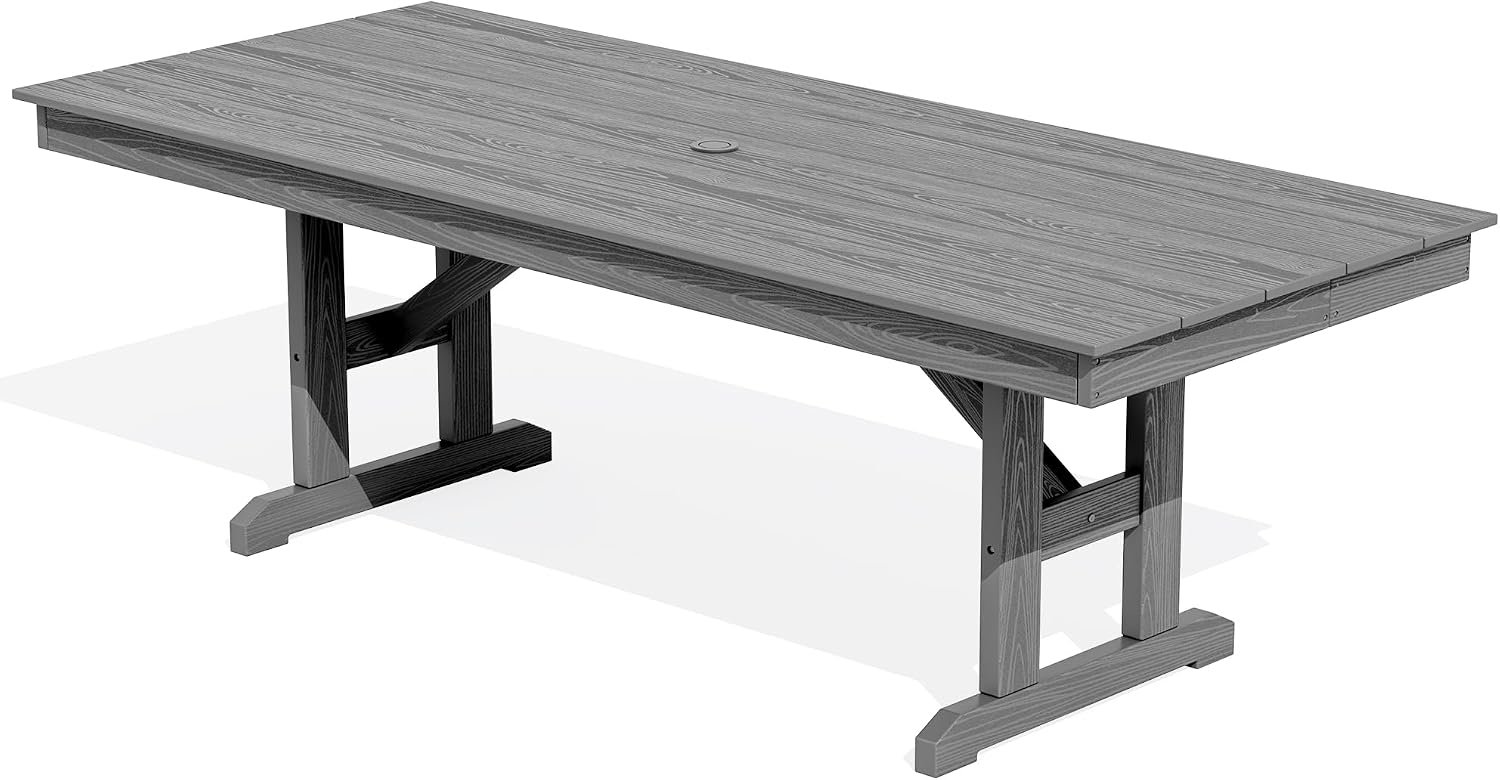 SERWALL Outdoor 84″ HDPE Dining Table with Umbrella Hole for 6-8, Gray | 9-piece HDPE 84″ dining table, Ideal for Outdoor Gathering