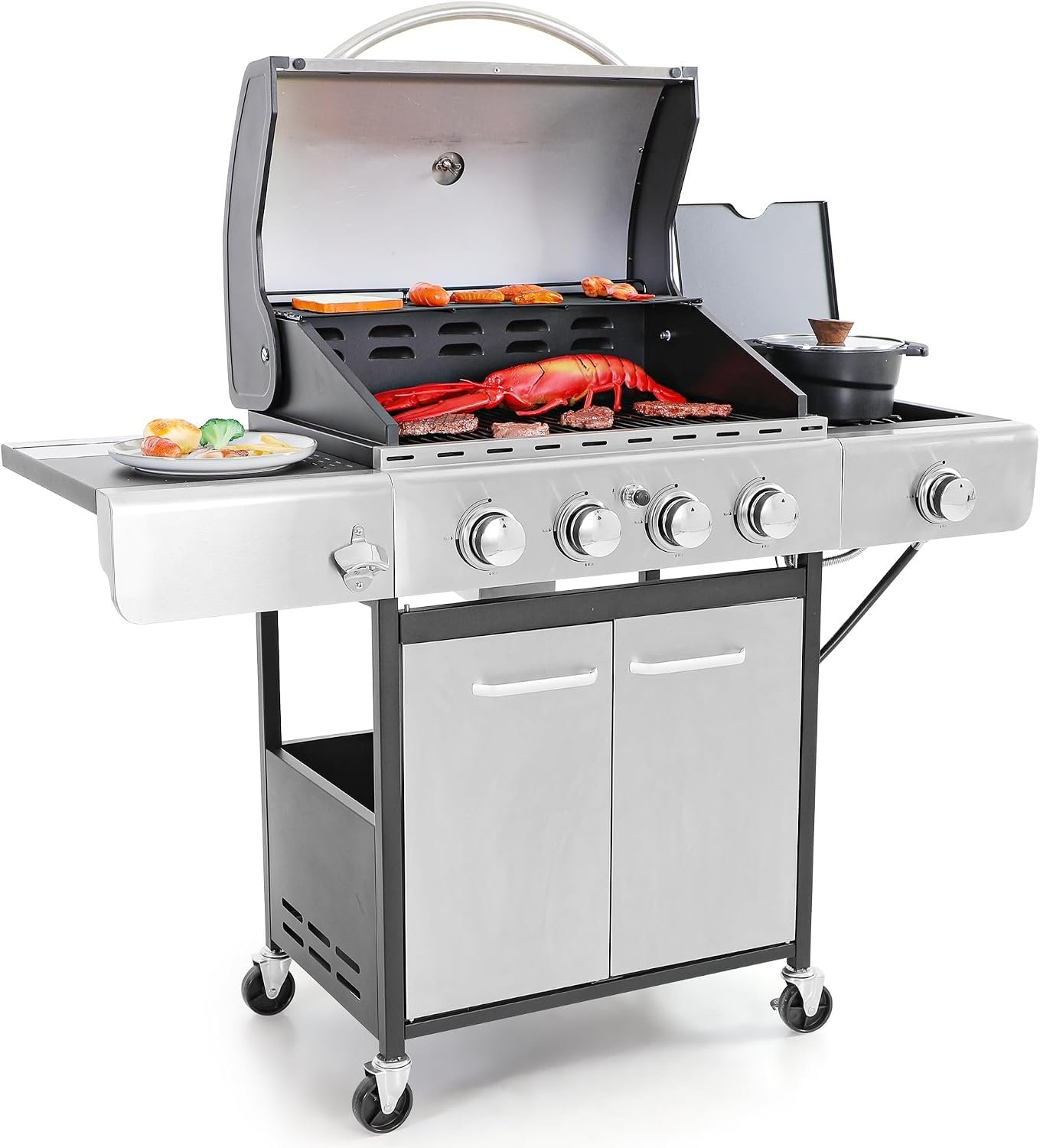 Captiva Designs Propane Gas BBQ Grill with Side Burner, 4 Burner 42,000 BTU | Porcelain-Enameled Cast Iron Grates, Stainless Steel Grill for Outdoor Cooking Kitchen and Patio Backyard Barbecue, Silver