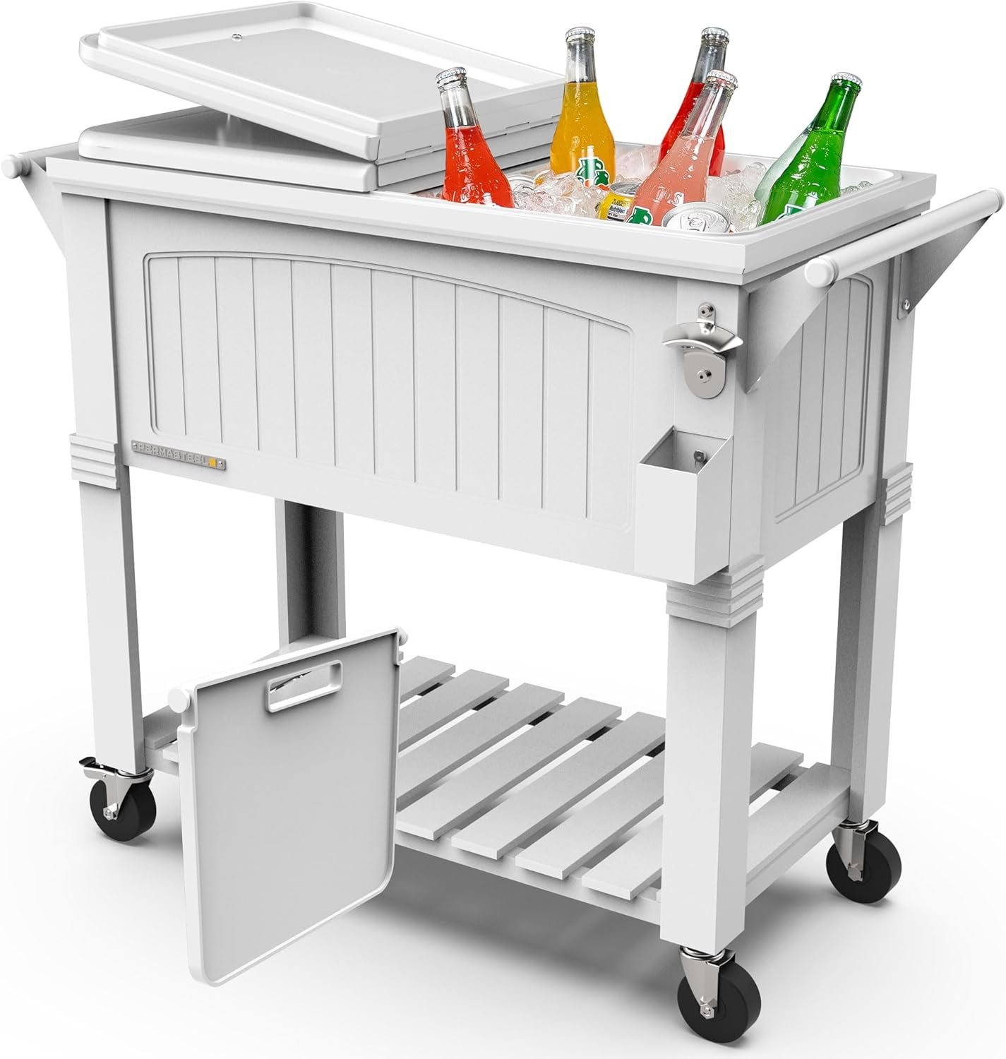 Permasteel Party Cooler with Divider, Spacious 80-Qt Capacity, Chills 36hrs, Serving Tray, Rolling Ice Chest for Indoor and Outdoor Entertainment, Matte White
