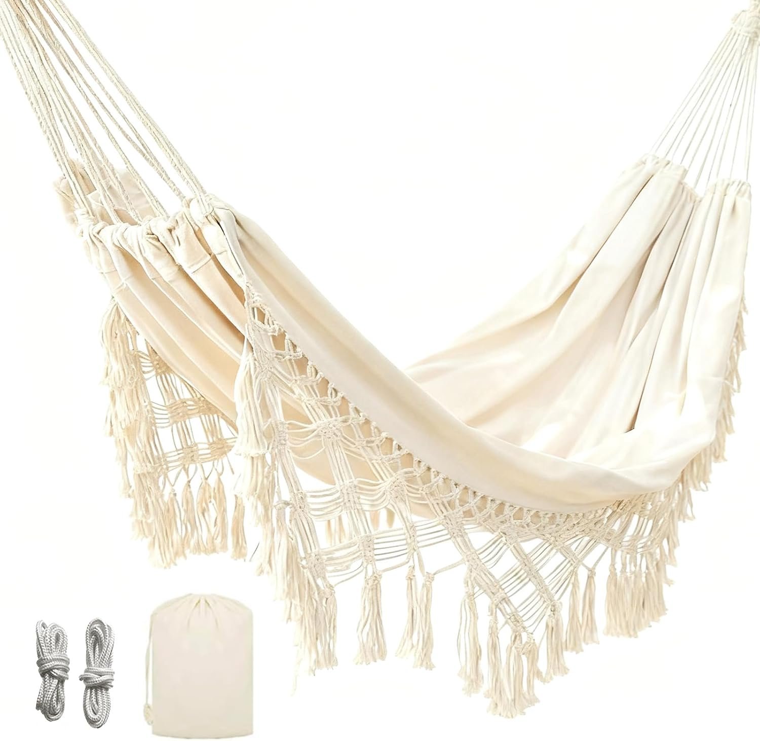 Goutime Double Hammock, Macrame Boho Cotton Hammock with Hanging Ropes, Portable for Camping Patio Backyard Indoor Outdoor,485LBS Capacity (Beige)
