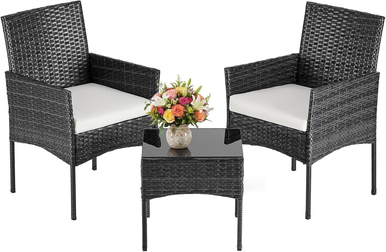 DUMOS 3-Piece Patio Furniture Set, All-Weather Outdoor Wicker Chairs with Removable Cushions & Tempered Glass Table, Small Bistro Set for Porch, Balcony, Lawn, Backyard, Black
