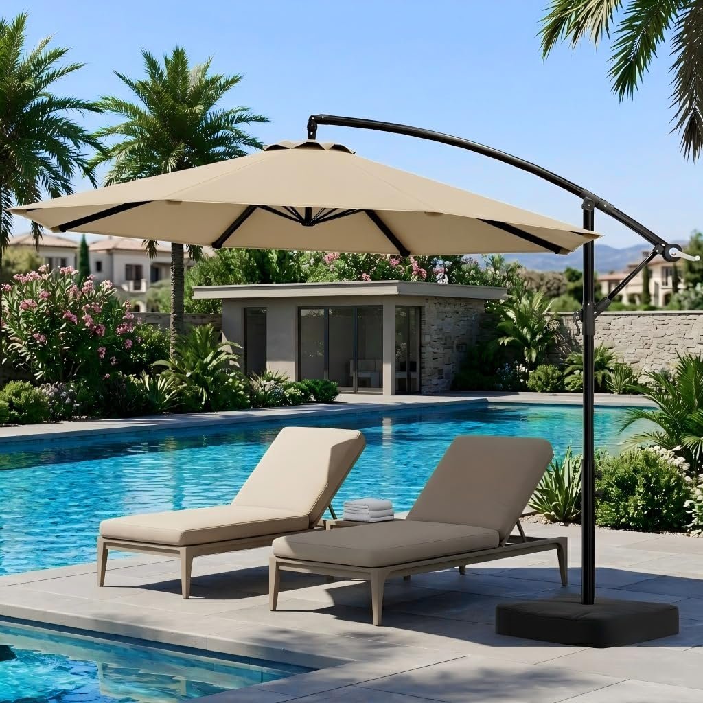 OLILAWN 10FT Patio Umbrella with Base Included, Cantilever Offset Outdoor Patio Umbrella with 360° Rotation & Infinite Tilt, Fade-Resistant Yarn-Dyed Canopy, 8-Rib Steel Frame for Patio Pool Deck Backyard, Beige