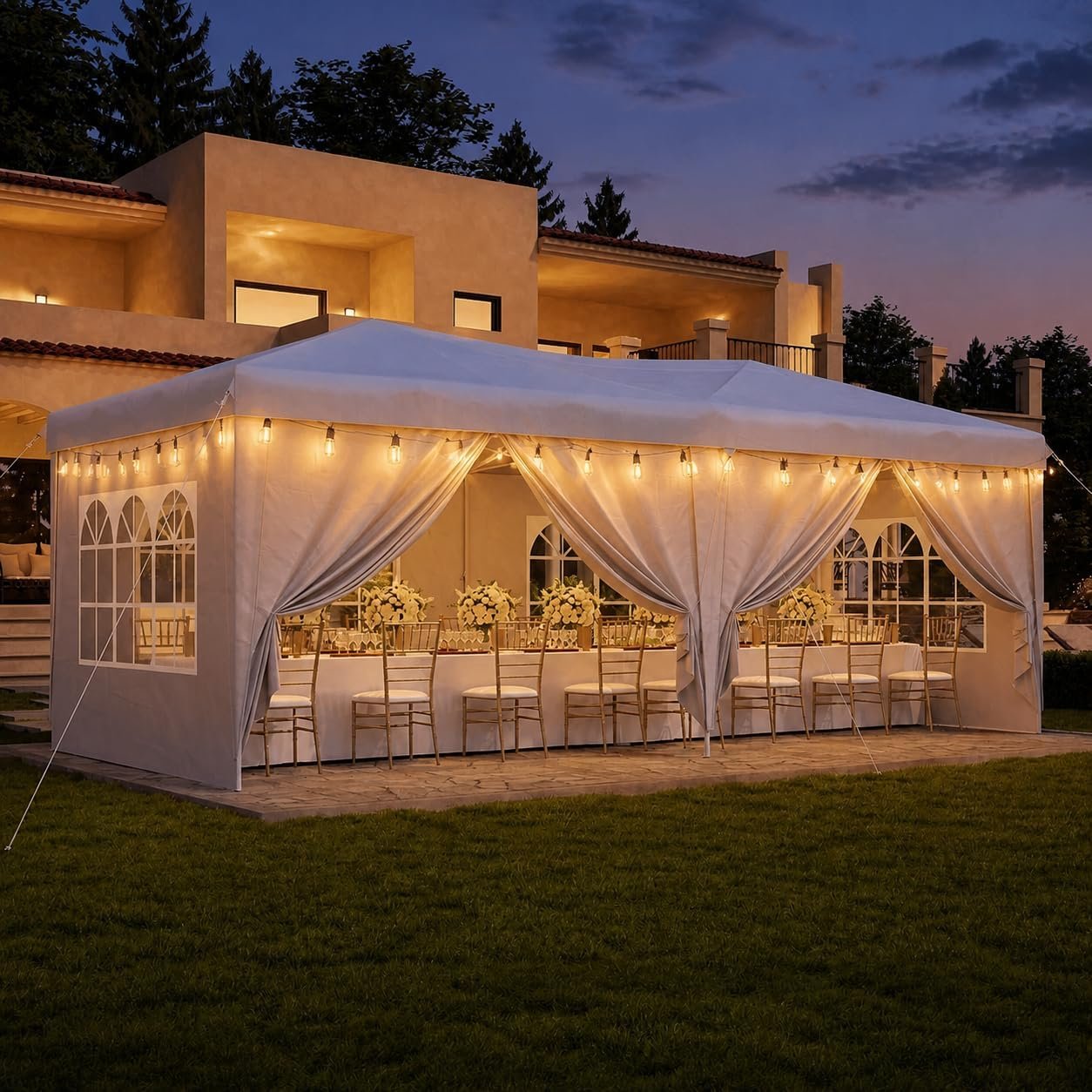 Aoxun 10×20 Pop Up Canopy Tent with LED Light, One Push Party Tent Waterproof Outdoor Canopy with 3 Adjustable Height, Portable Tents for Parties, Wedding, Commercial, Market