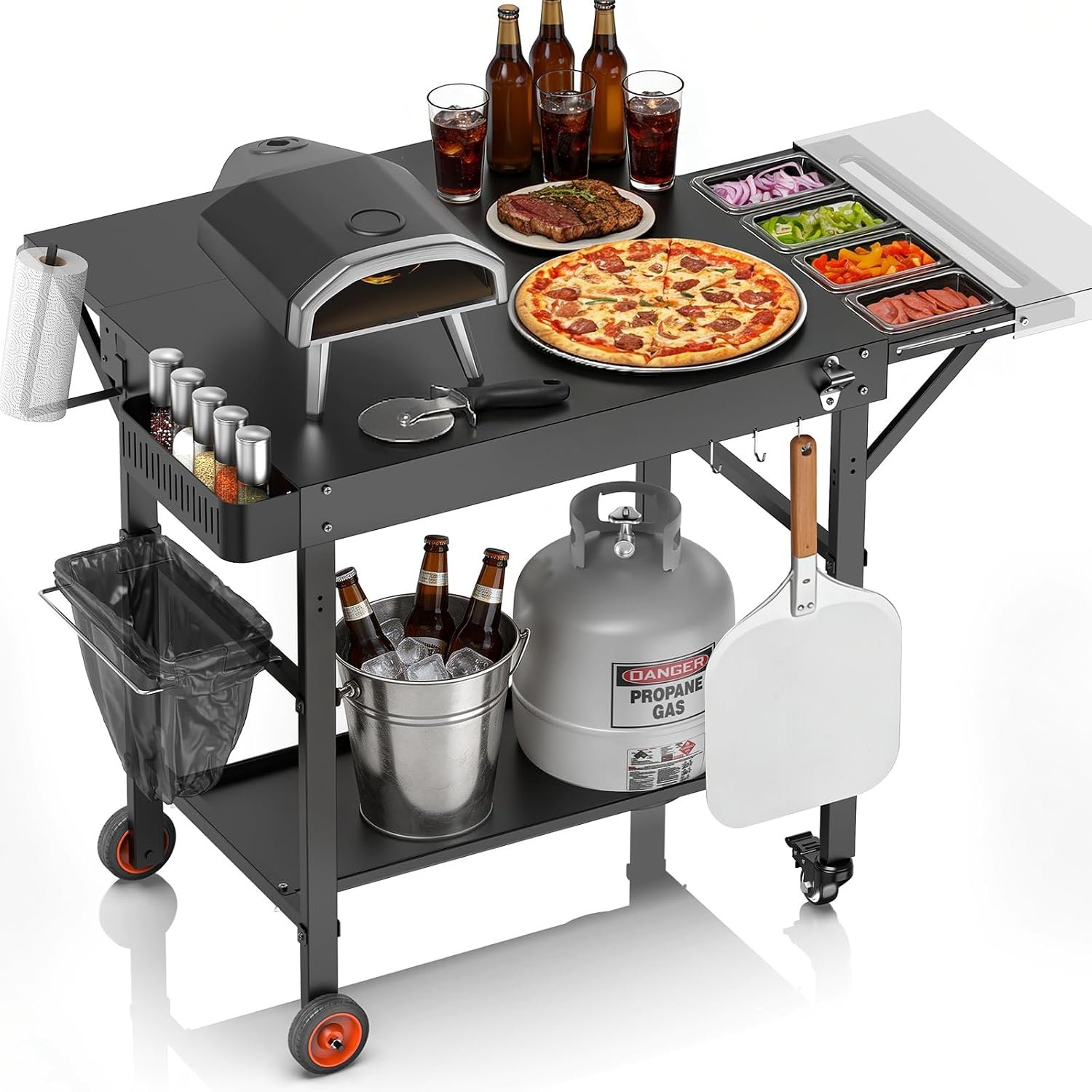 EUTRKei Pizza Oven Table with Topping Station – 45″ x 29″ Outdoor Grill Cart for Ooni, Ninja, Gozney, Solo Stove, Heavy Duty 450lbs Capacity, Grill Table with Extendable Desk for Tailgating Backyard