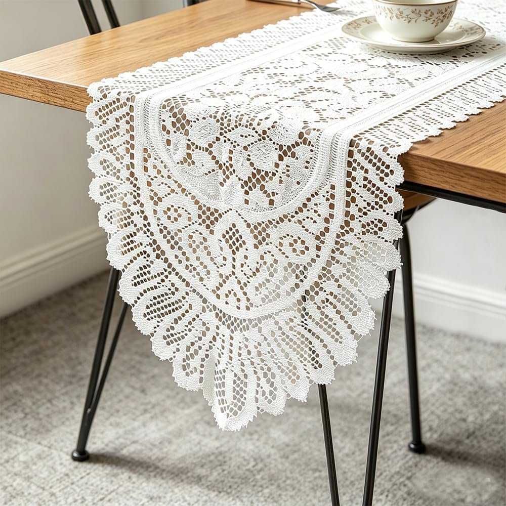 Tinsow 2 Pack Cotton Crochet Lace Rectangular Table Runner Dresser Scarf Doilies (White Style, 13″ X 44″)