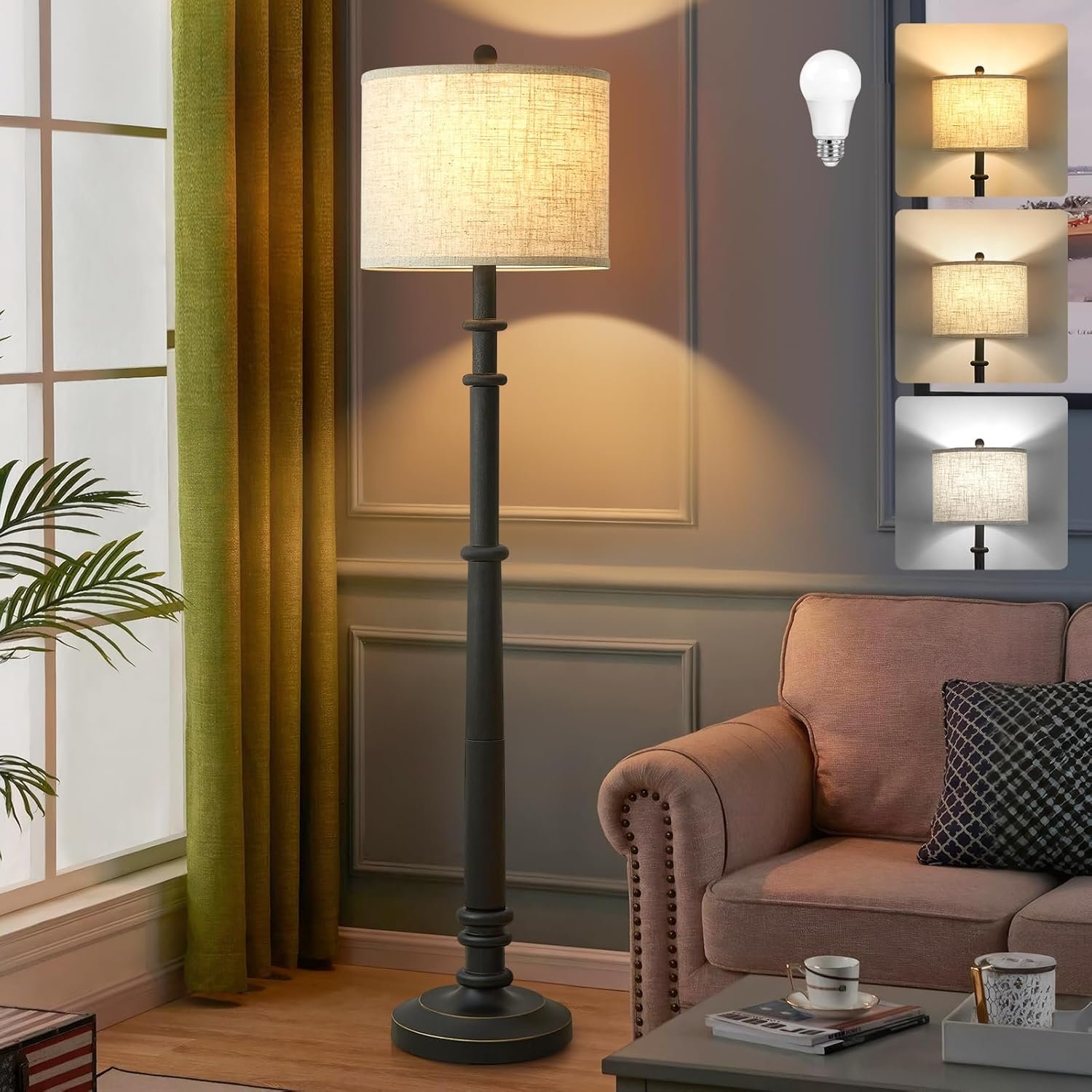 EJIAXIN Floor Lamps for Living Room – 60″ Farmhouse Floor Lamp with Adjustable Color Temperatures – Vintage Standing Lamp Reading Light with Linen Shade Retro Tall Lamp for Bedroom Office, Black