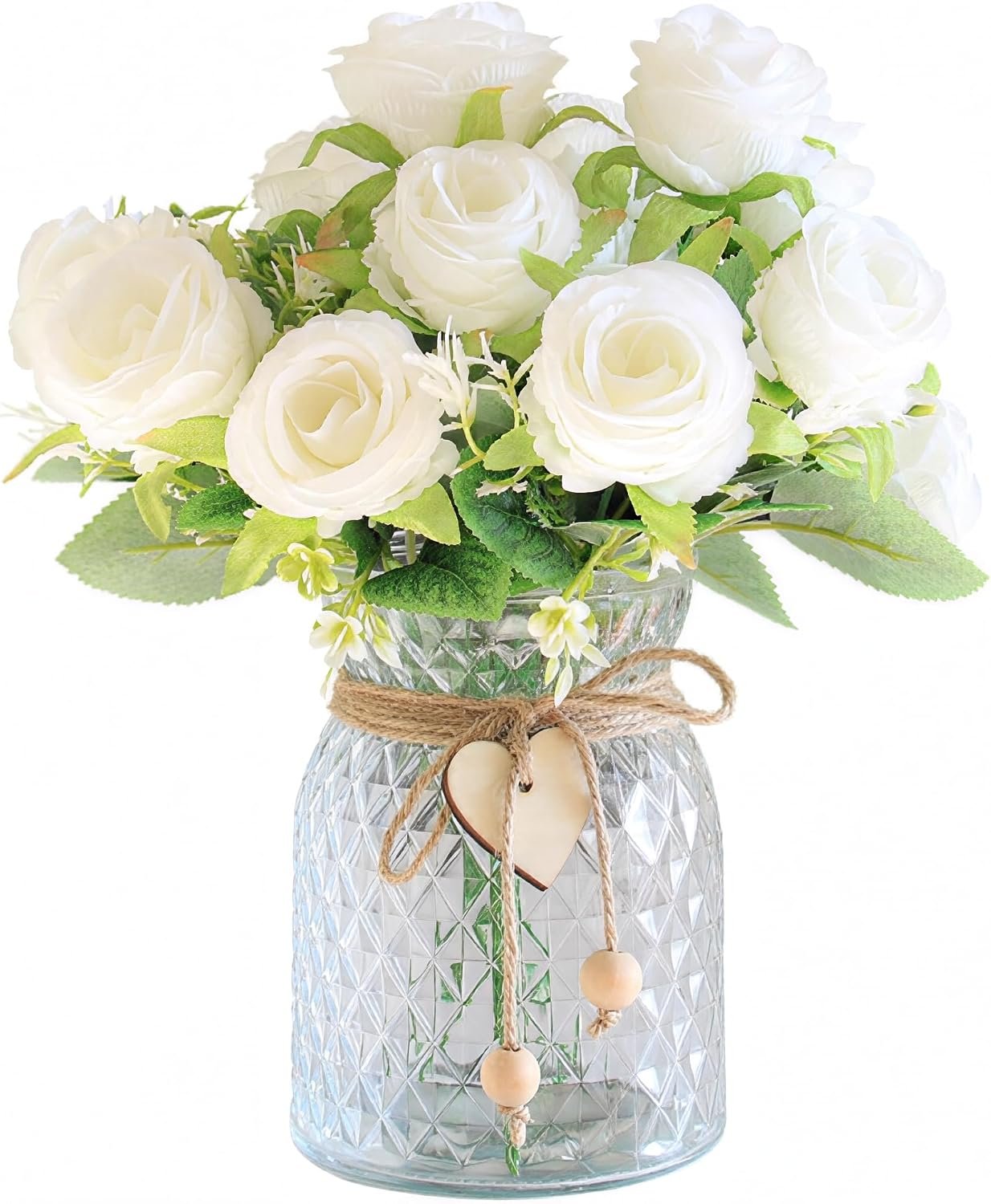 Faux Flowers in Vase, 18 Pcs Fake Rose Flowers, Artificial Flowers for Home Decor, Indoor Centerpiece for Living Room & Dining Table – White