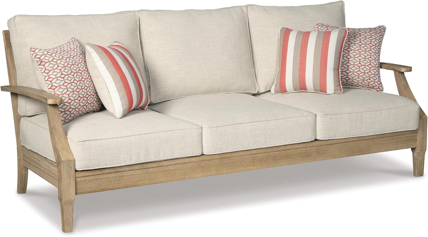 Signature Design by Ashley Clare View Outdoor Patio Sofa, 4 Throw Pillows, Nuvella Weather Resistant Fabric, Eucalyptus Wood, 81″ W x 35″ D x 32″ H, Beige