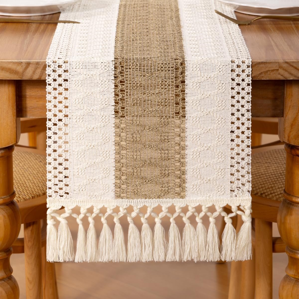 DeZerlor Boho Macrame Table Runner Farmhouse Woven Small Table Runner with Tassels 36 Inches Ivory& Burlap Brown Cotton Linen Kitchen Table Decor for Dining Dresser Home Tea Table Decor