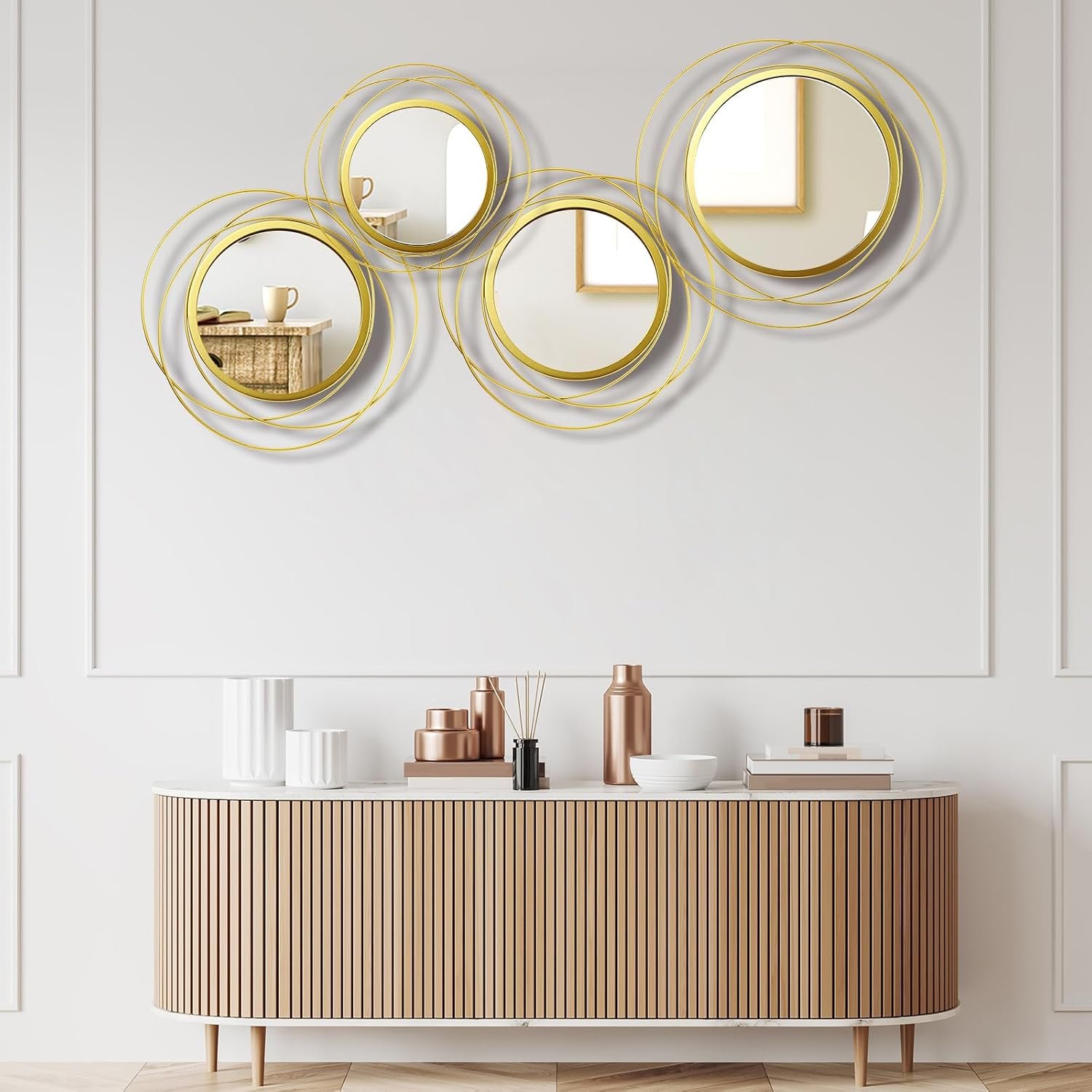 Hicarer 4 Pcs Decorative Wall Mirror Round Modern Circle Mounted Mirror Metal Wall Art Decor for Bedroom Living Room Entryway Dining Room Hallway(Gold)