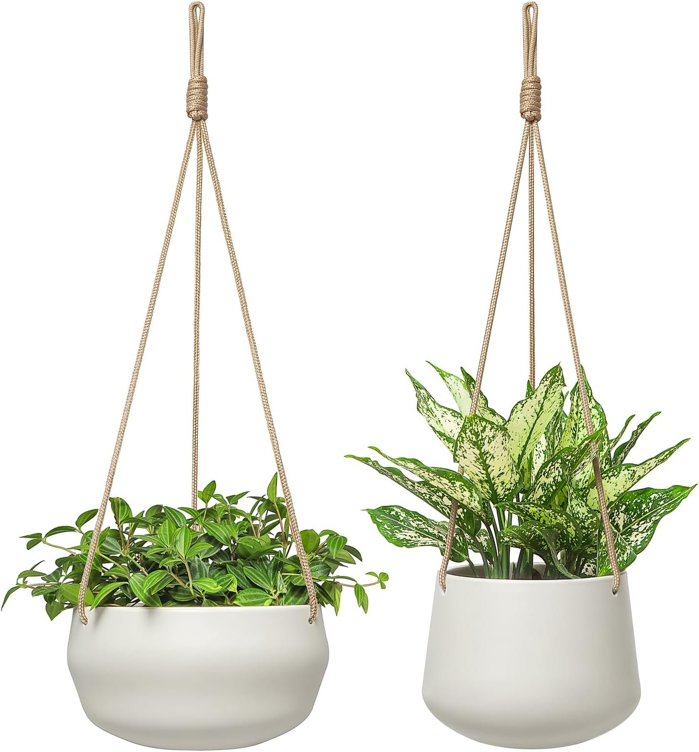 Mkono Ceramic Hanging Planter of Shallow 8 Inch and Deep 6 Inch for Indoor Outdoor Plants, Set of 2 Modern Plant Pot Geometric Porcelain Hanging Basket with Polyester Rope Hanger