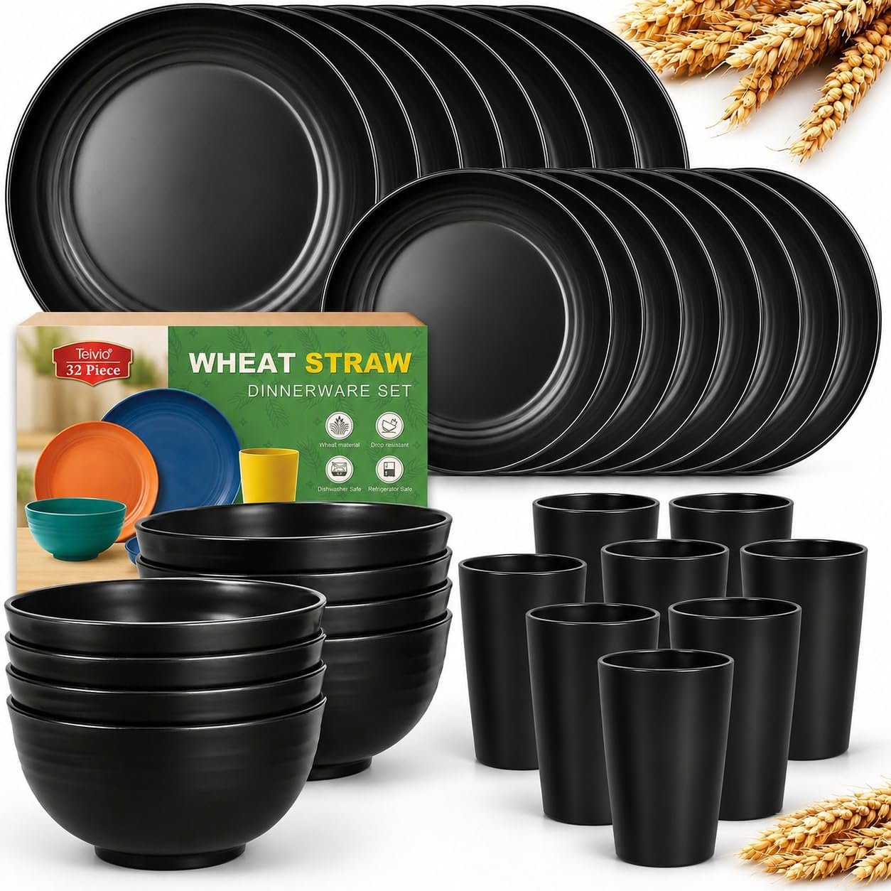 Teivio 32-Piece Kitchen Plastic Wheat Straw Dinnerware Set, Service for 8, Unbreakable Modern Dish Set – Dinner Plate/Dessert Plate/Cereal Bowl/Cup, for Apartment Essentials, Outdoor Camping, Black