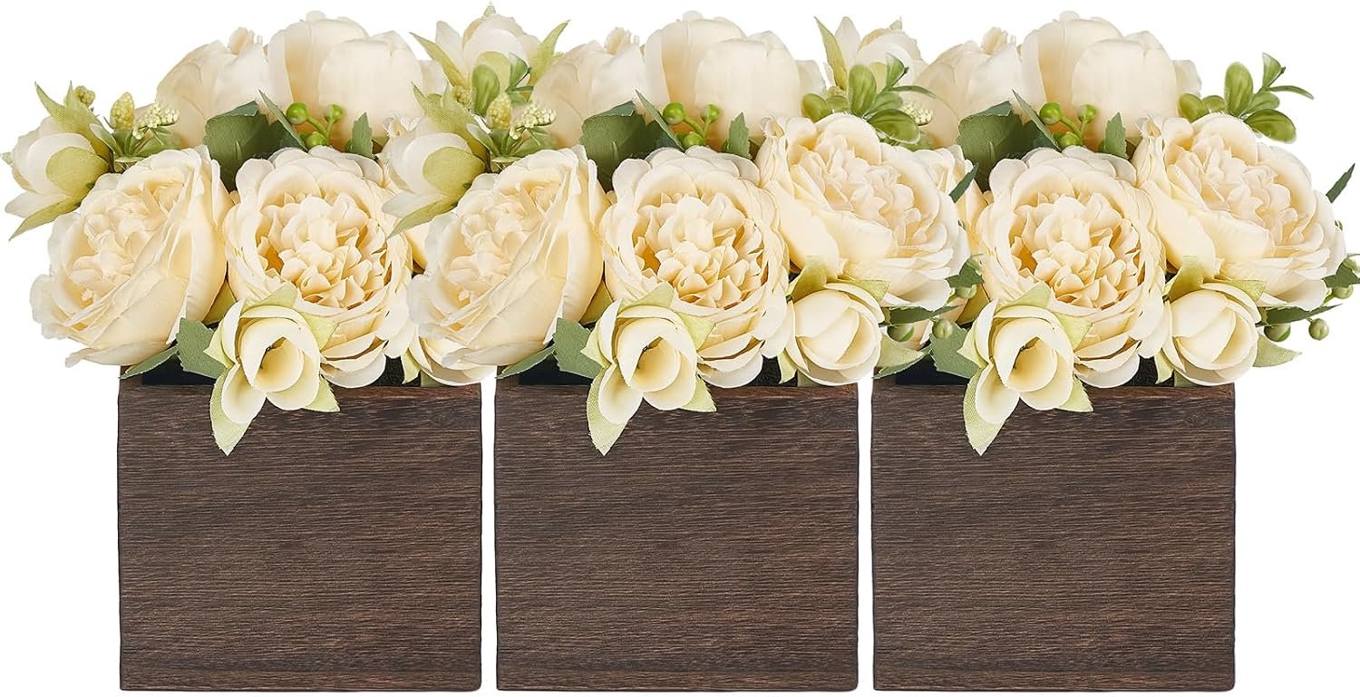 Dahey Small Flower Centerpieces for Tables Set of 3 Artificial Flowers with Wooden Vase Farmhouse Table Decor for Dinning Living Room Kitchen Wedding Party Office Home Decoration