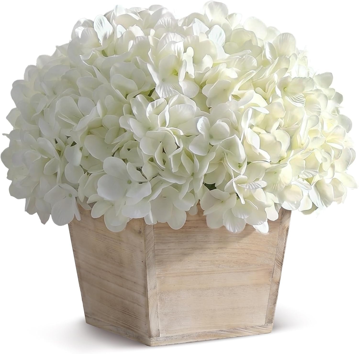 10″ Artificial Hydrangea Flower in Planter for Table Centerpiece(White) | No Assembly Needed, Silk Faux Flowers in Wood Planter, Fake Hydrangea Potted Plant, for Farmhouse Home Office Shower Decor