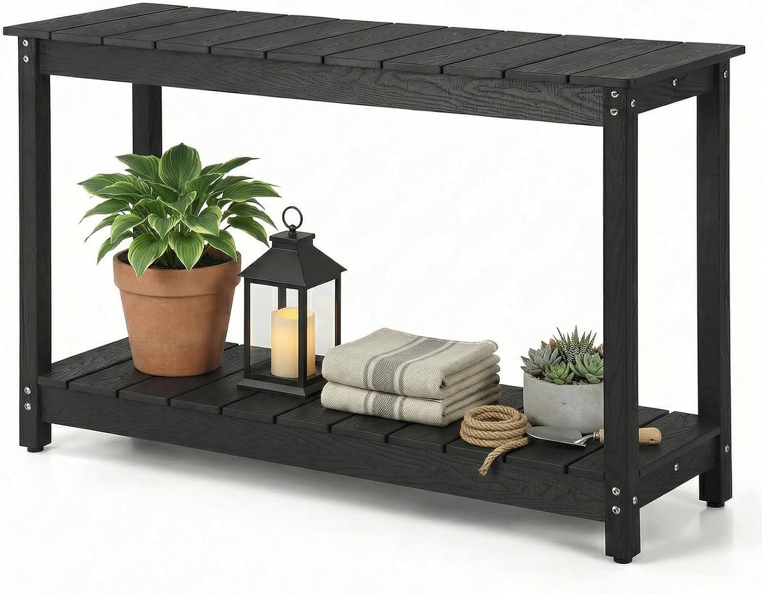 Outdoor Console Table, 48″ Weather Resistant HIPS Patio Side Table, 440LBS Weight Capacity, 2-Tier Multifunctional Buffet Bar Storage Organizer for Garden Deck, Black