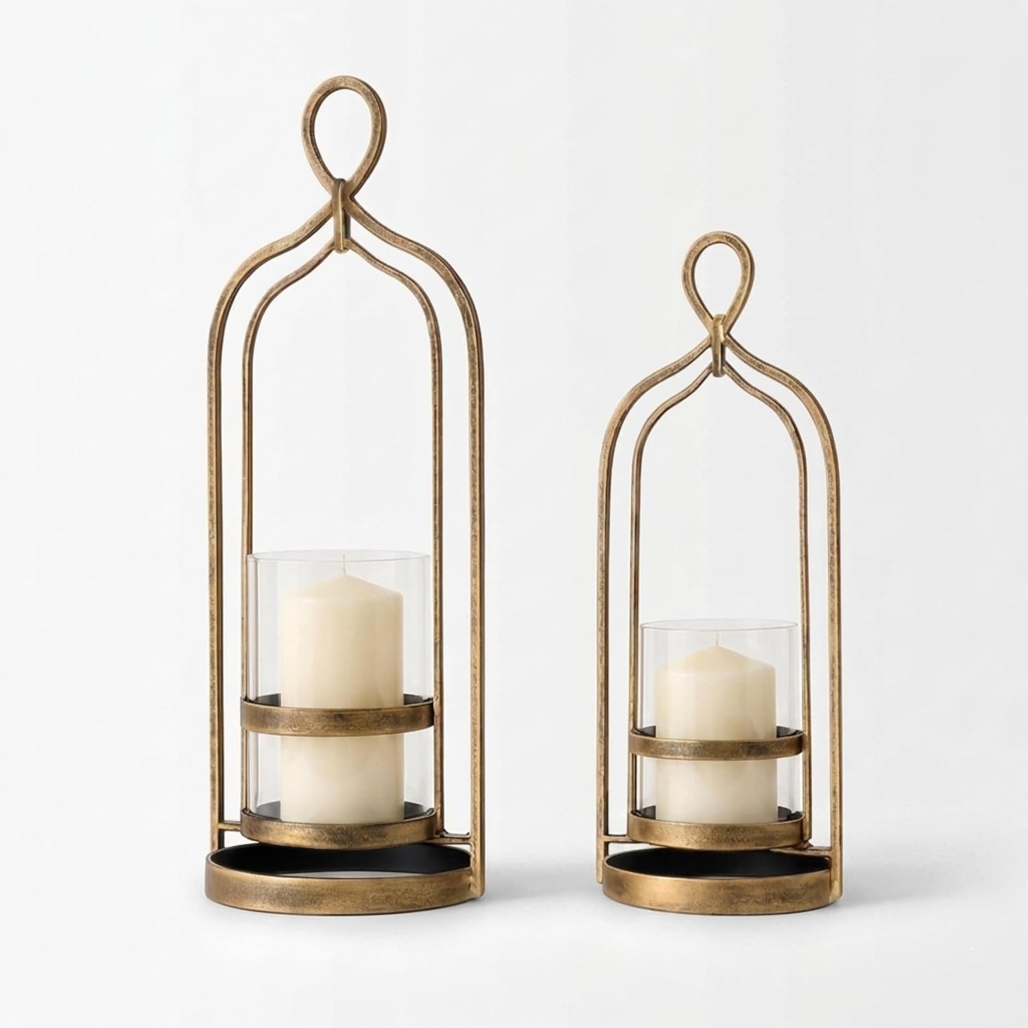 Hurricane Candle Holder Set of 2 with Glass & Metal Frame-Pillar Candle Holders for Living Room, Dining Room & Bedroom Centerpiece Farmhouse Decor (Cylindrical Glass Hurricane Candle Holder)