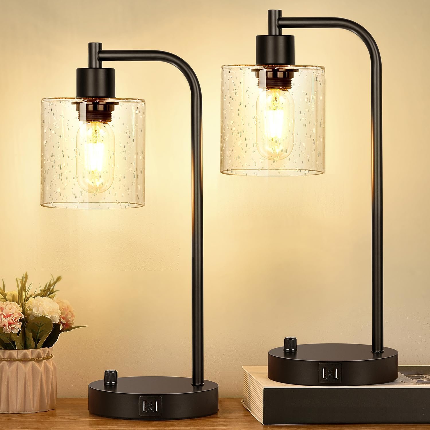 Lynnoland Set of 2 Industrial Table Lamps with 2 USB, Fully Stepless Dimmable Bedside Lamps for Bedrooms, Nightstand Lamp with Seed Glass Shade for Reading Living Room Office (Bulbs Included)