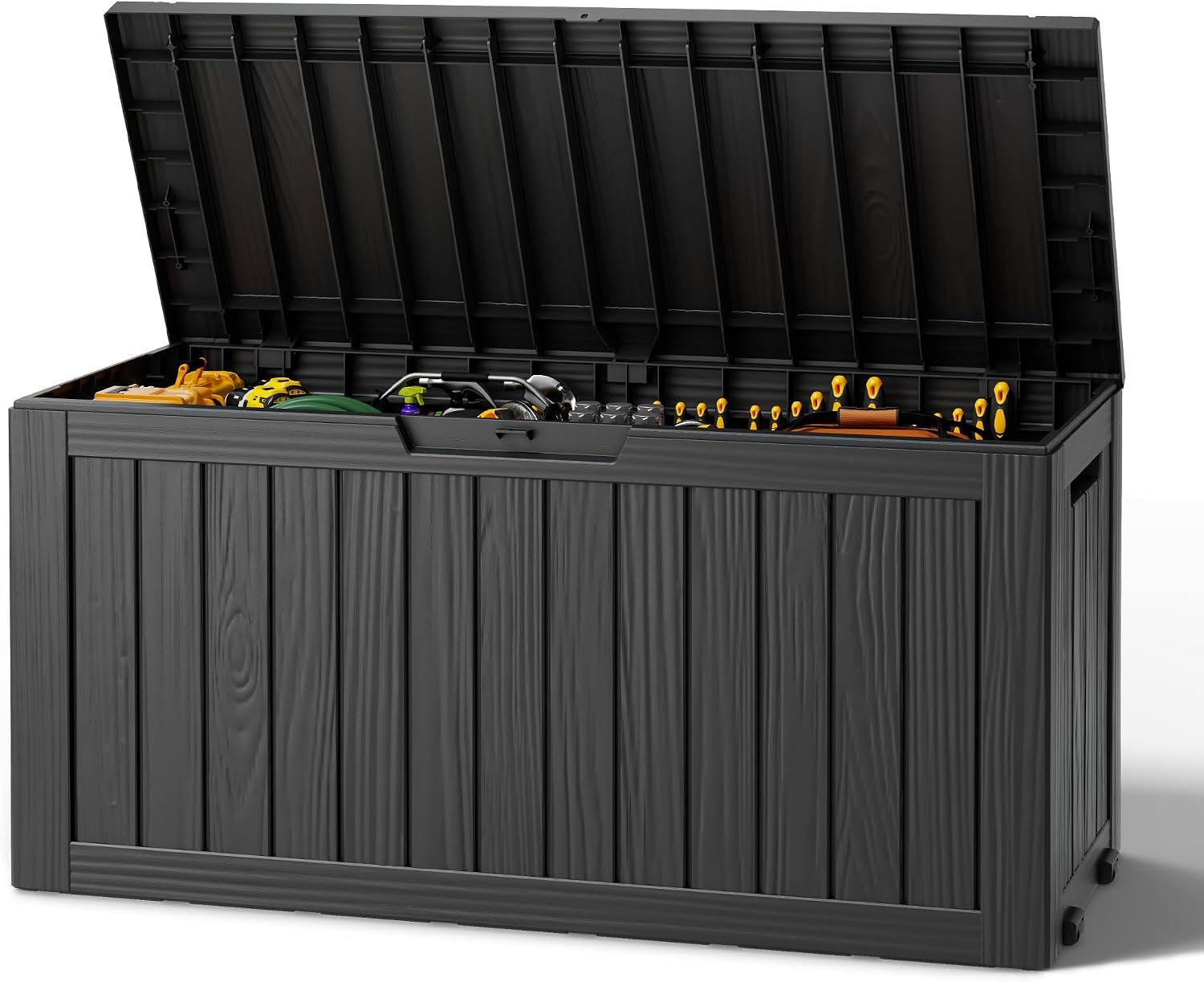 Outdoor Storage Box, Resin Deck Boxes Indoor and outdoor, Waterproof Storage Box Lockable Lid (Black, 85 Gallon)