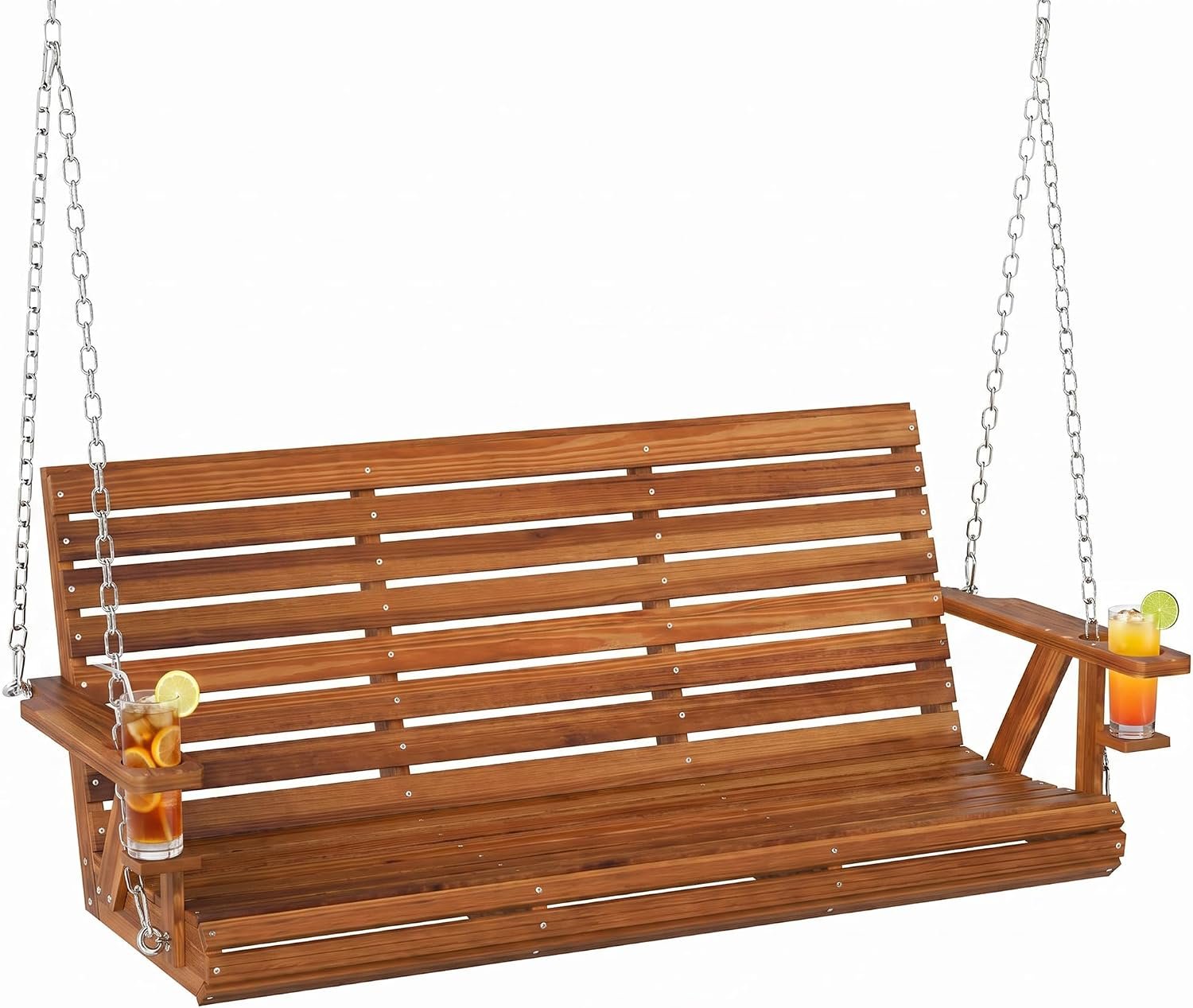 Outsunny Upgraded Wooden Porch Swing 3-Seater, 5 FT Outdoor Patio Swing Bench with Cupholders, Hanging Chains, Swing Chair Bench for Patio Garden Yard, Carbonized