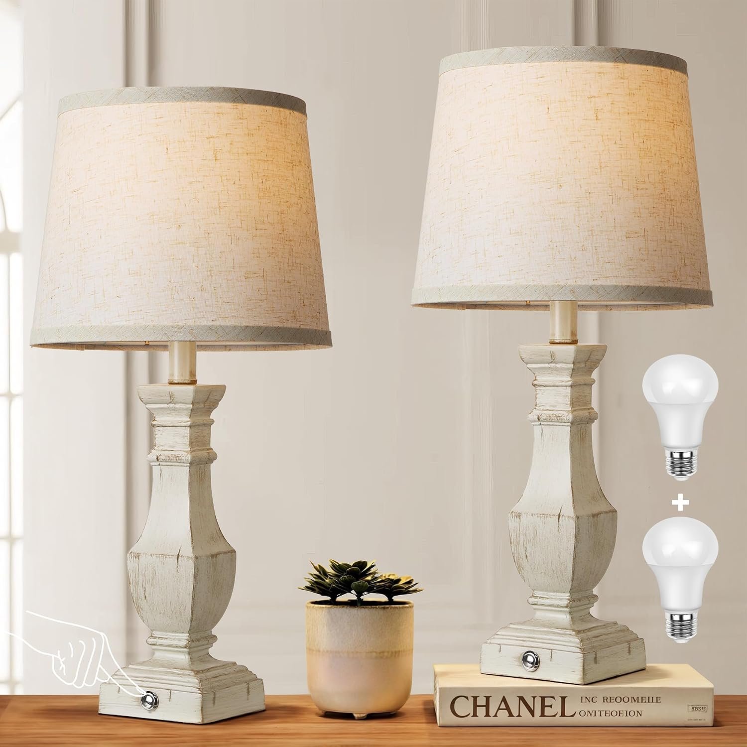 ROTTOGOON Dimmable Table Lamps Set of 2, Rustic Farmhouse Table Lamps for Living Room Bedroom, Bedside Desk Lamps for End Tables, Touch Lamps for Nightstand, 9W Bulbs Included, 22″, Antique White