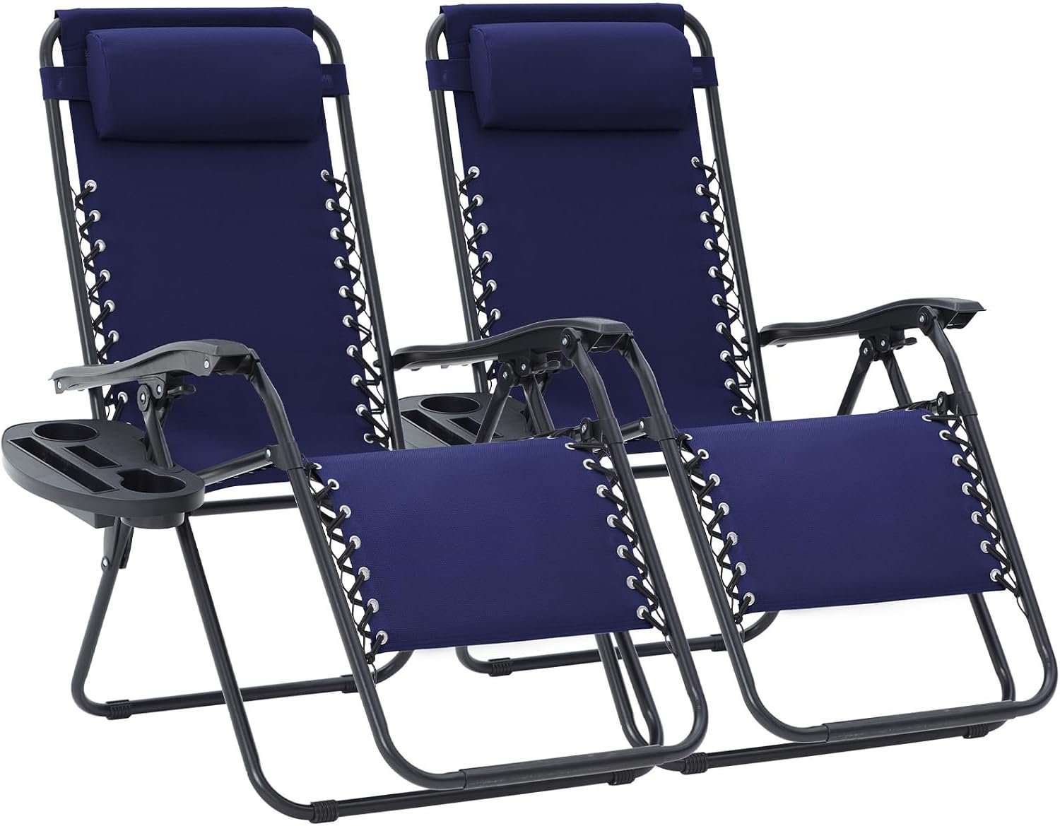 JEAREY Zero Gravity Lounge Chairs Set of 2, Adjustable Steel Mesh Recliners with Pillows and Cup Holder Trays for Patio, Garden, Beach, Navy Blue