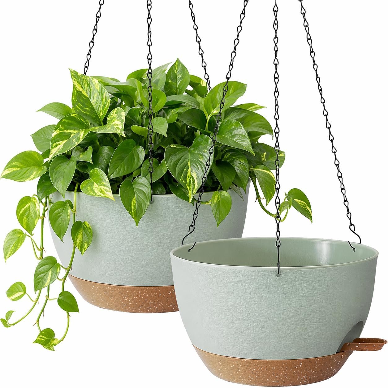 TYMENSH Hanging Plant Pots 12 Inch Set of 2, Self Watering Hanging Planters with Drainage Holes, Removable Saucer, Durable Plastic Flower Pots with Chains for Indoor Outdoor Plants, Green