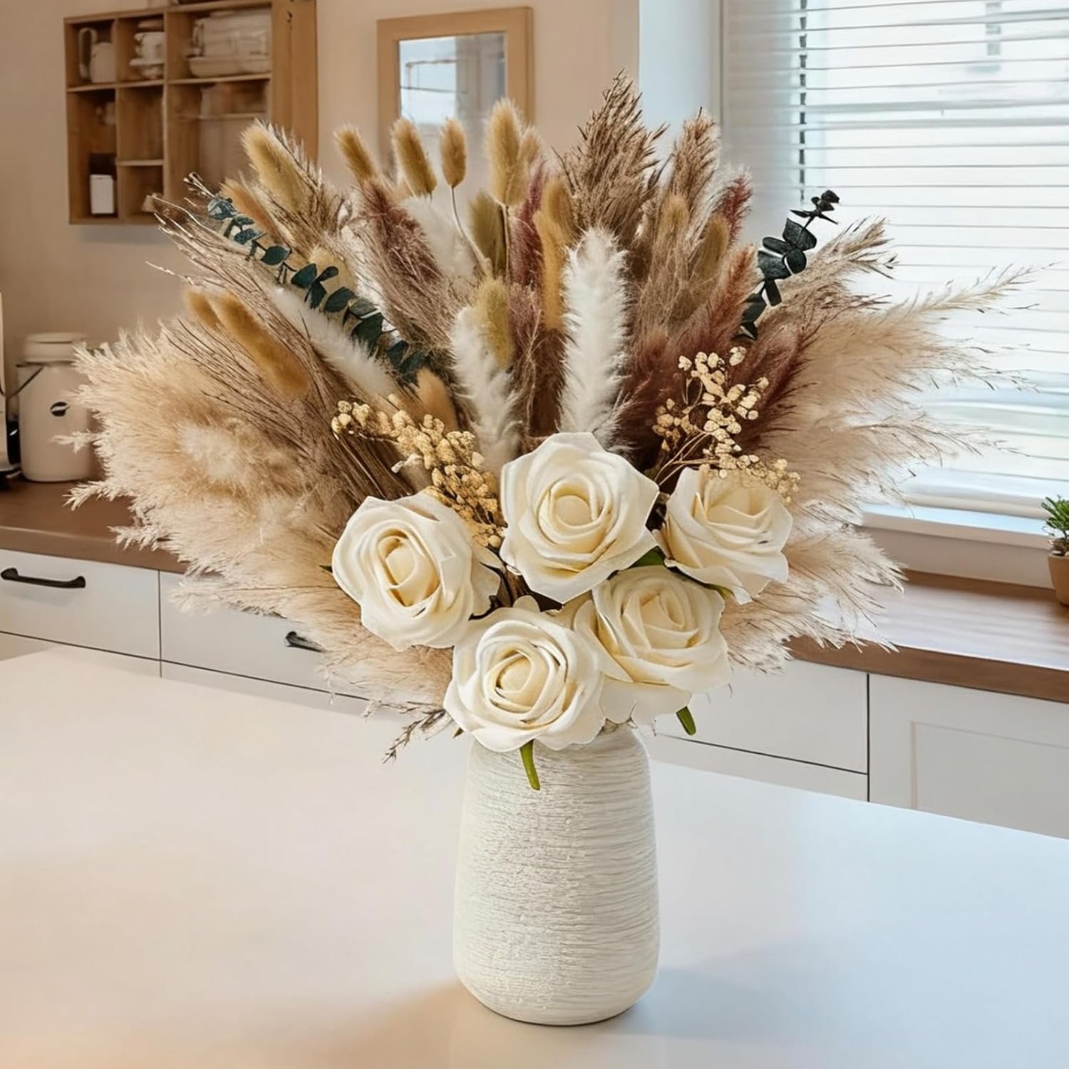 100pcs Dried Pampas Grass with Vase, Includes Artificial Silk Roses, Boho Natural Dried Flowers for Coffee Table Dining Room Home Decor Centerpiece, Farmhouse Rustic Floral Decoration for Living Room
