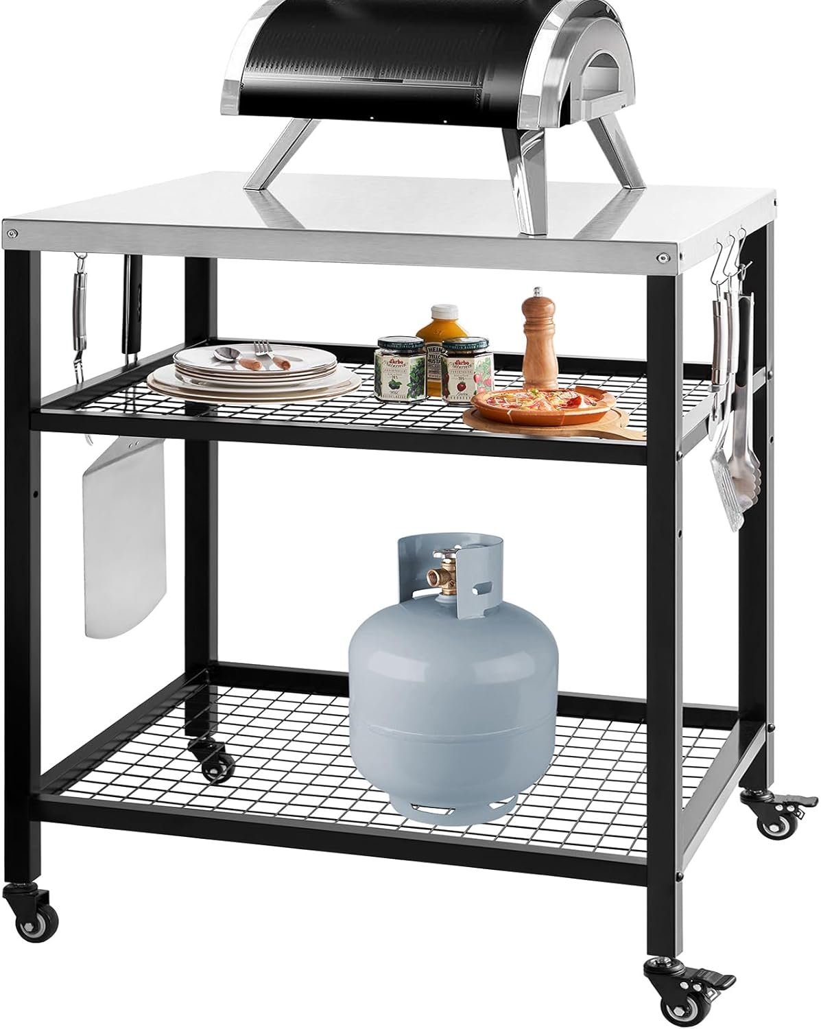 Stainless Steel Outdoor Grill Cart Pizza Oven Stand Trolley Table with Wheels Three-Shelf Movable Food Prep and Work Table Heavy Duty Grill Carts Outdoor Cart 31.5″×24″×35.5″