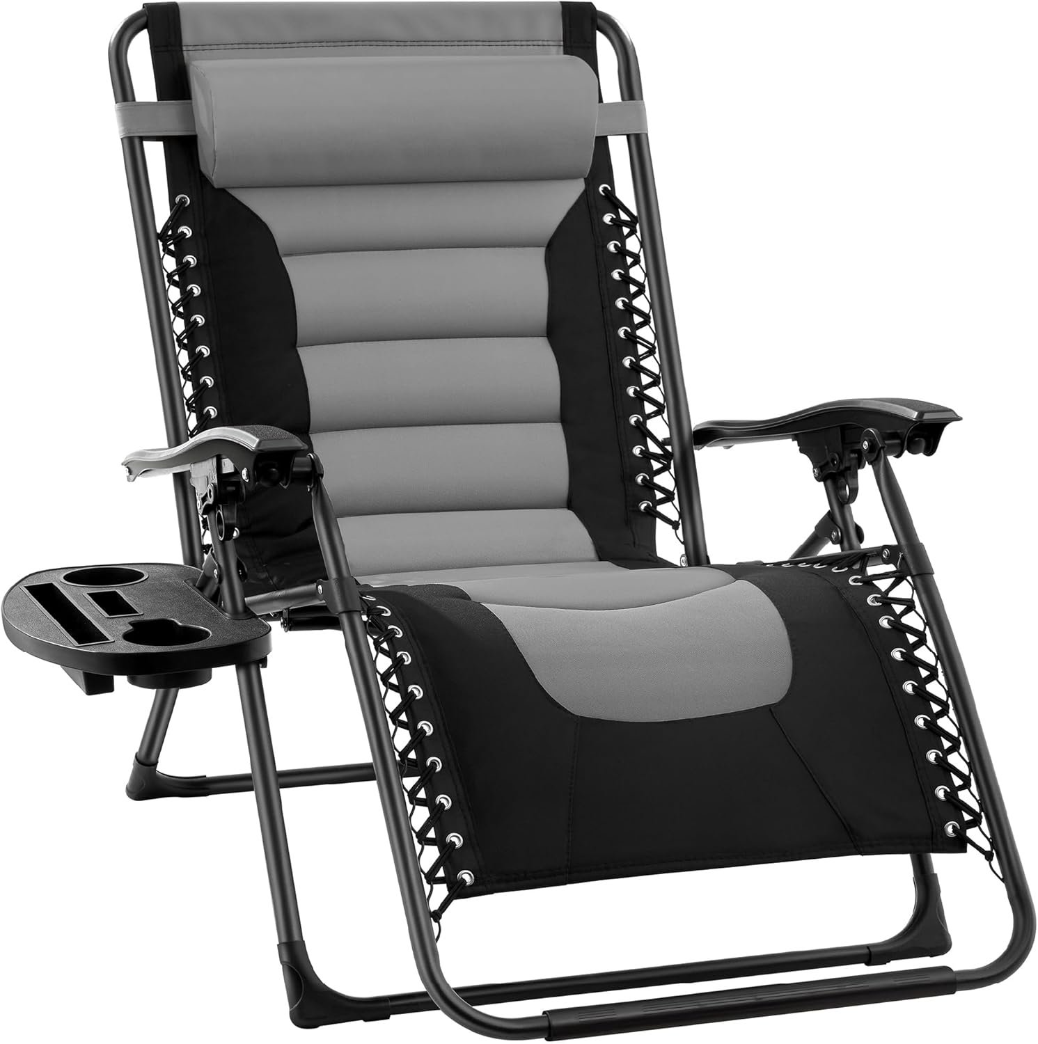 Best Choice Products Oversized Padded Zero Gravity Chair, Folding Outdoor Patio Recliner, XL Anti Gravity Lounger for Backyard w/Headrest, Cup Holder, Side Tray, Polyester Mesh – Gray