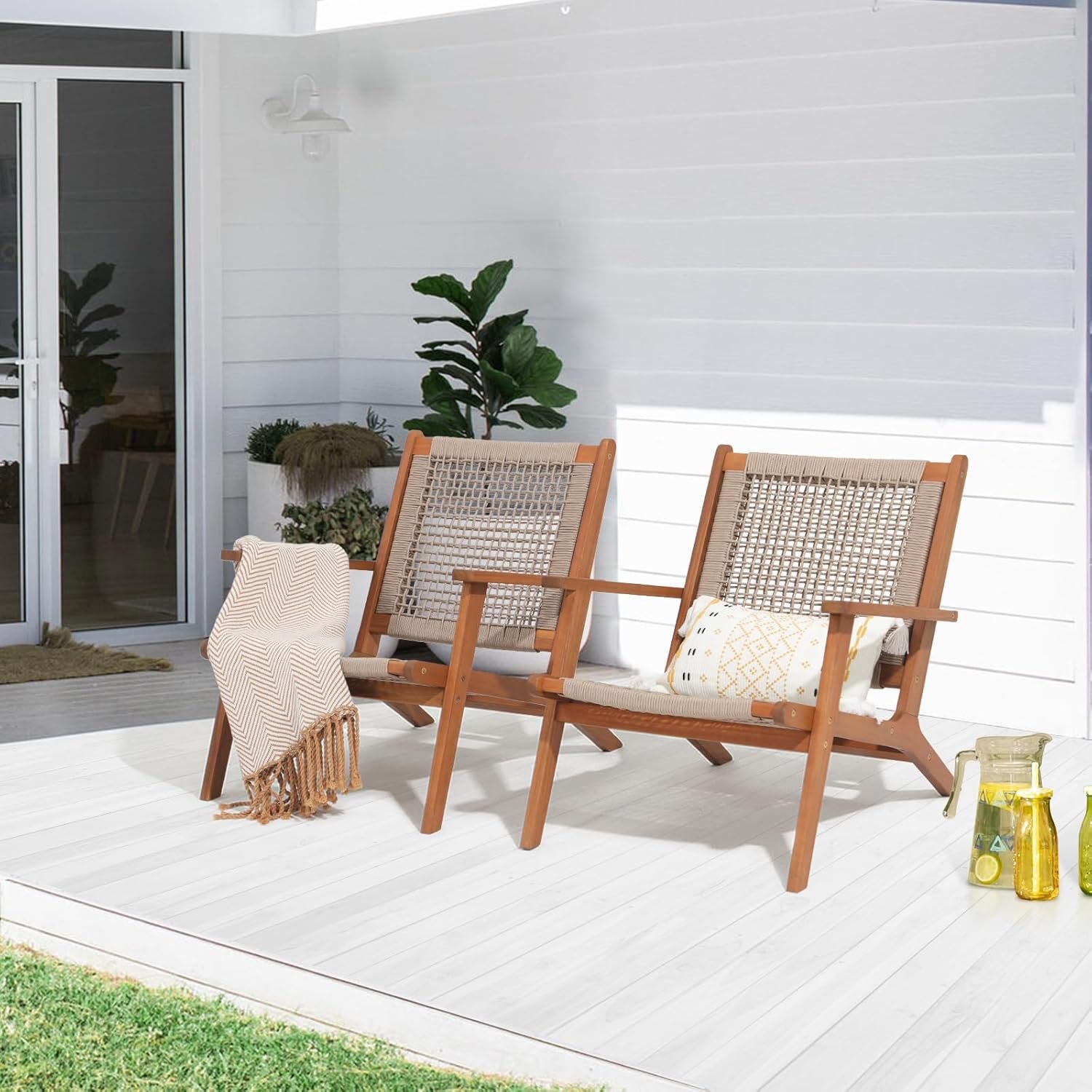 Verano Garden Set of 2 Patio Lounge Chair, Acacia Wood Accent Armchair | Handwoven Rope, Mid-Century, Modern, Patio, Living Room, Bedroom, Balcony