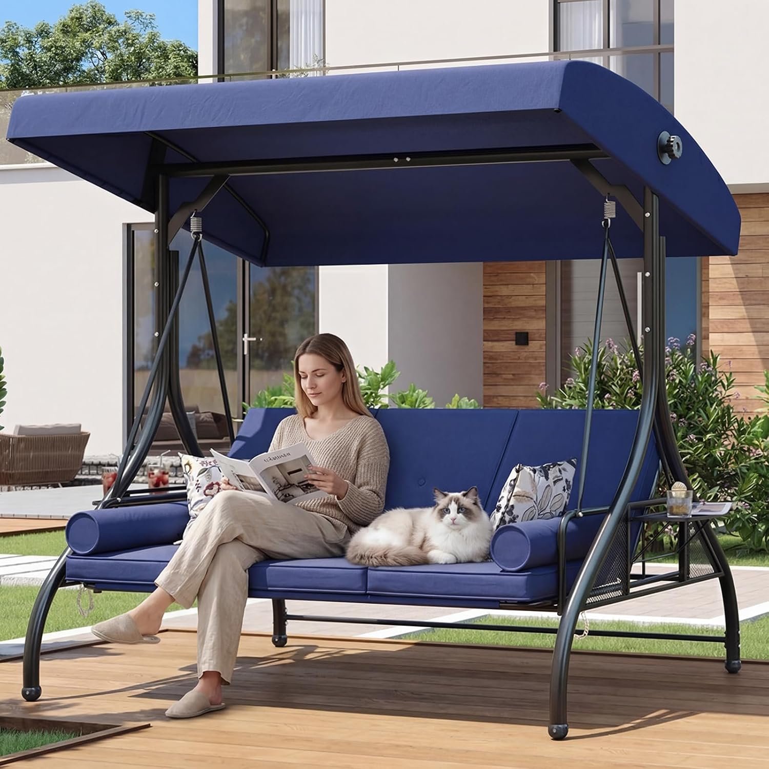 Aoxun Outdoor Porch Swing with Stand and Canopy, 3 Seats Outdoor Swings for Adults, Convertible 2 in 1 Swing Bed with Cup Holder, Patio Swings with Thicken Cushions for Garden, Yard & Balcony, Blue