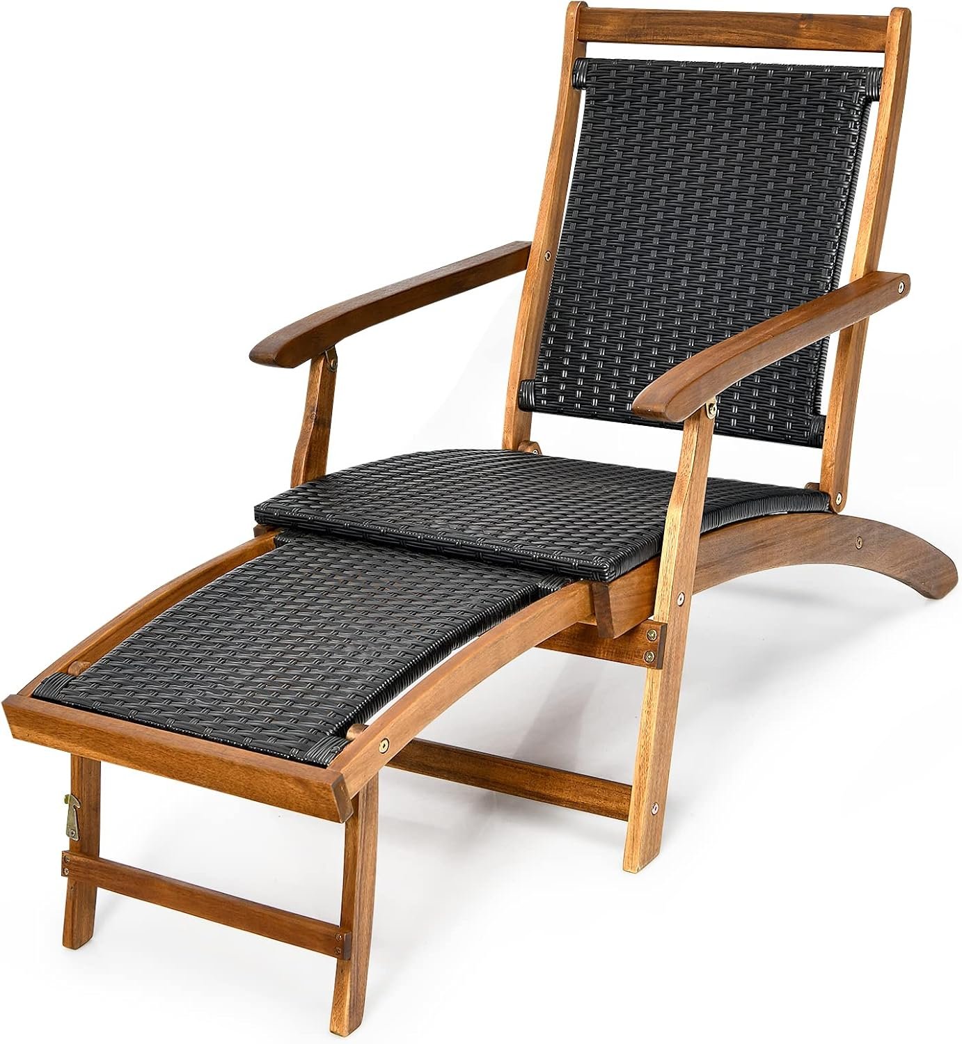 RELAX4LIFE Patio Chaise Lounge Chair – Acacia Wood Folding Rattan Wicker Chair w/Retractable Footrest, Space-Saving Ergonomic Deck Chair for Garden, Poolside, Patio