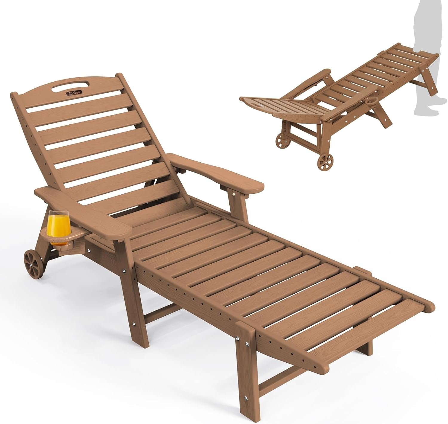 Ciokea Oversized Outdoor Chaise Lounge Chair, HDPE Patio Chair with Wheels | Oversized outdoor HDPE chaise lounge with wheels & cup holder, 5 adjustable position, UV-resistant for patio, pool & backyard