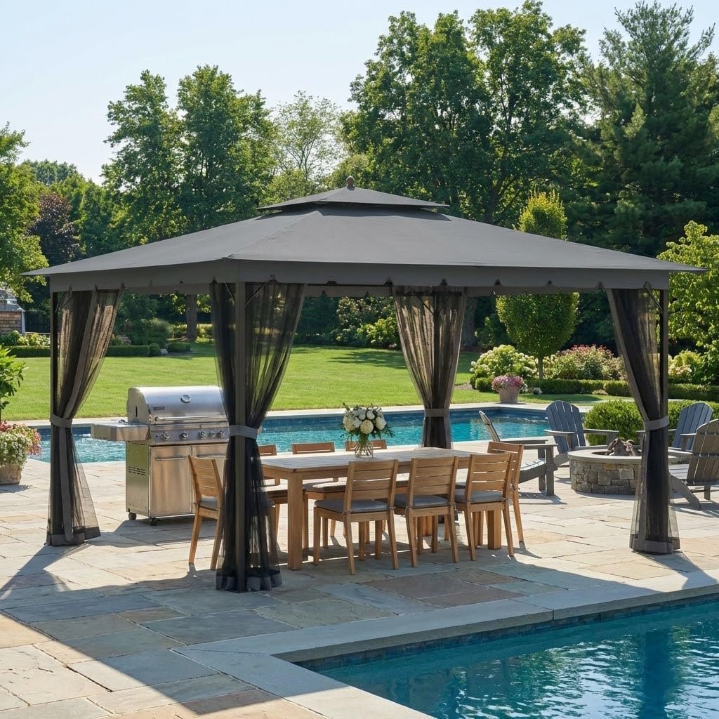 Bezseller 10×12 Outdoor Patio Gazebo, Grey | Canopy with Powder-Coated Metal Frame, Tier Canopy with Zip Mesh Sidewalls for Backyard Dining & Entertaining,