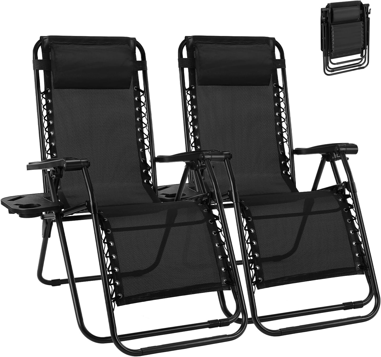 NEWBULIG Zero Gravity Chairs Set of 2, Lounge Chair Folding Portable Adjustable Camping Recliner with Adjustable Pollow, Mesh Back, Cup Holder Trays Lawn Patio Chair for Pool Beach – Black