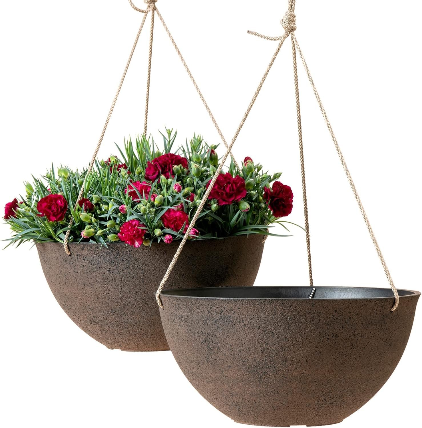 LA JOLIE MUSE Hanging Planter Baskets for Outdoor Plants, Set of 2, 13 Inch | Large Hanging Baskets with Drainage Holes, Rust-finish Hanging Planters for Windows, Porches, Balconies, Gardens, Patios