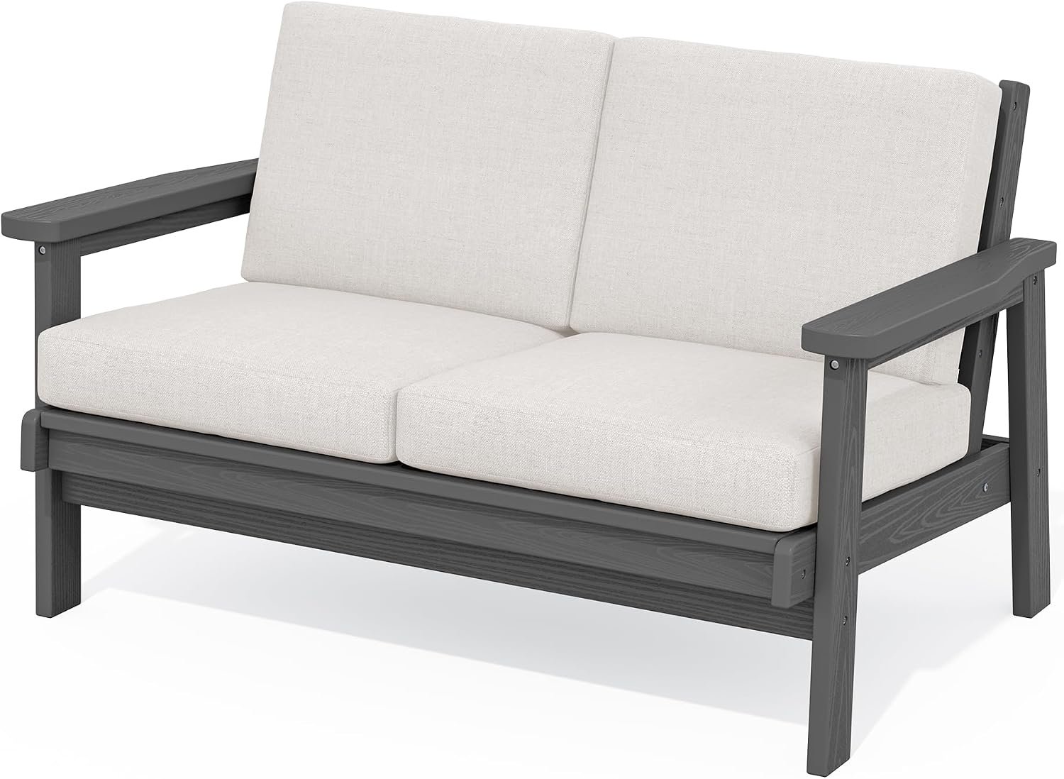 SERWALL HDPE Outdoor Loveseat, All Weather Patio Furniture Set | Havy-duty Weatherproof HDPE Frame with Wood-Like Texture, Splash-proof Thick Cushions, Grey Frame and Khaki Cushions