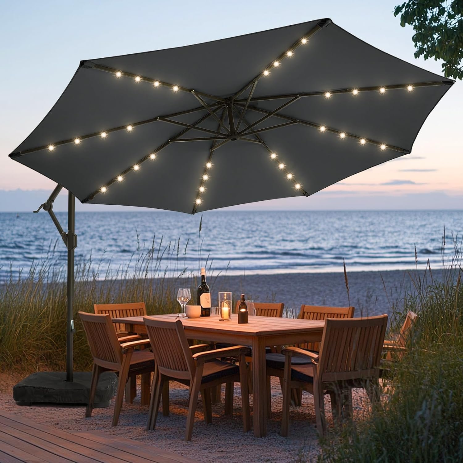 wikiwiki 10FT Solar Patio Offset Umbrella with Base Included, Outdoor Cantilever Umbrella Hanging Umbrellas with Weighted Sandbag Base, Market Patio Umbrella for Backyard, Garden & Deck, Dark Gray